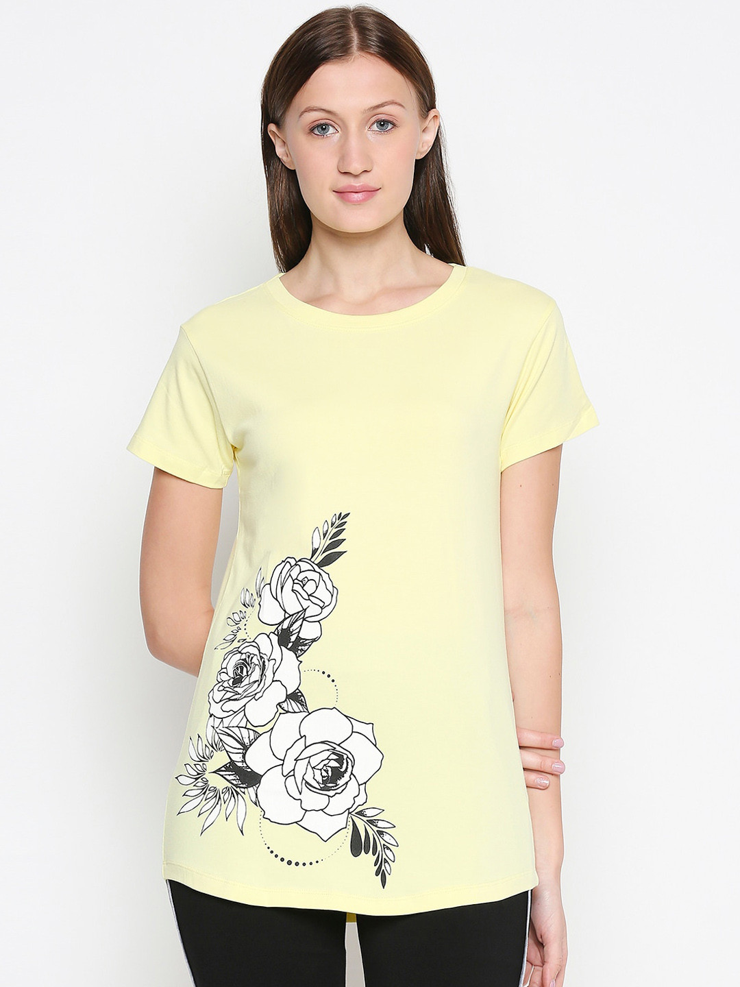

XIN Women Yellow Printed Round Neck T-shirt