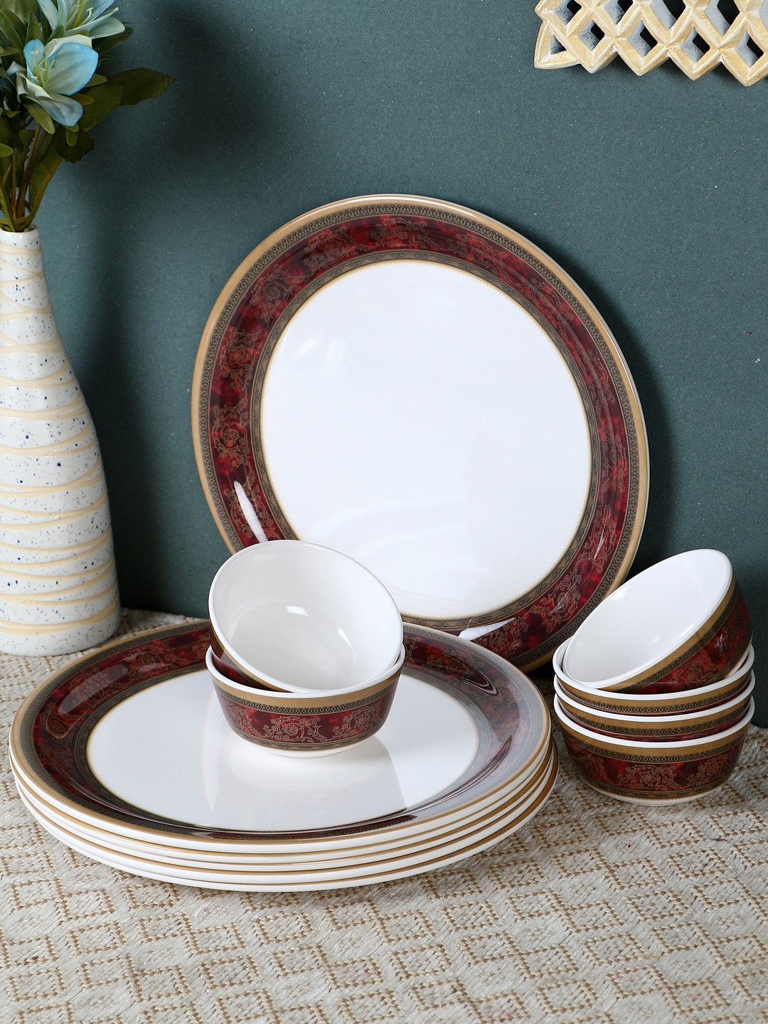 

Servewell 12 Pieces White Printed Melamine Dinner Set