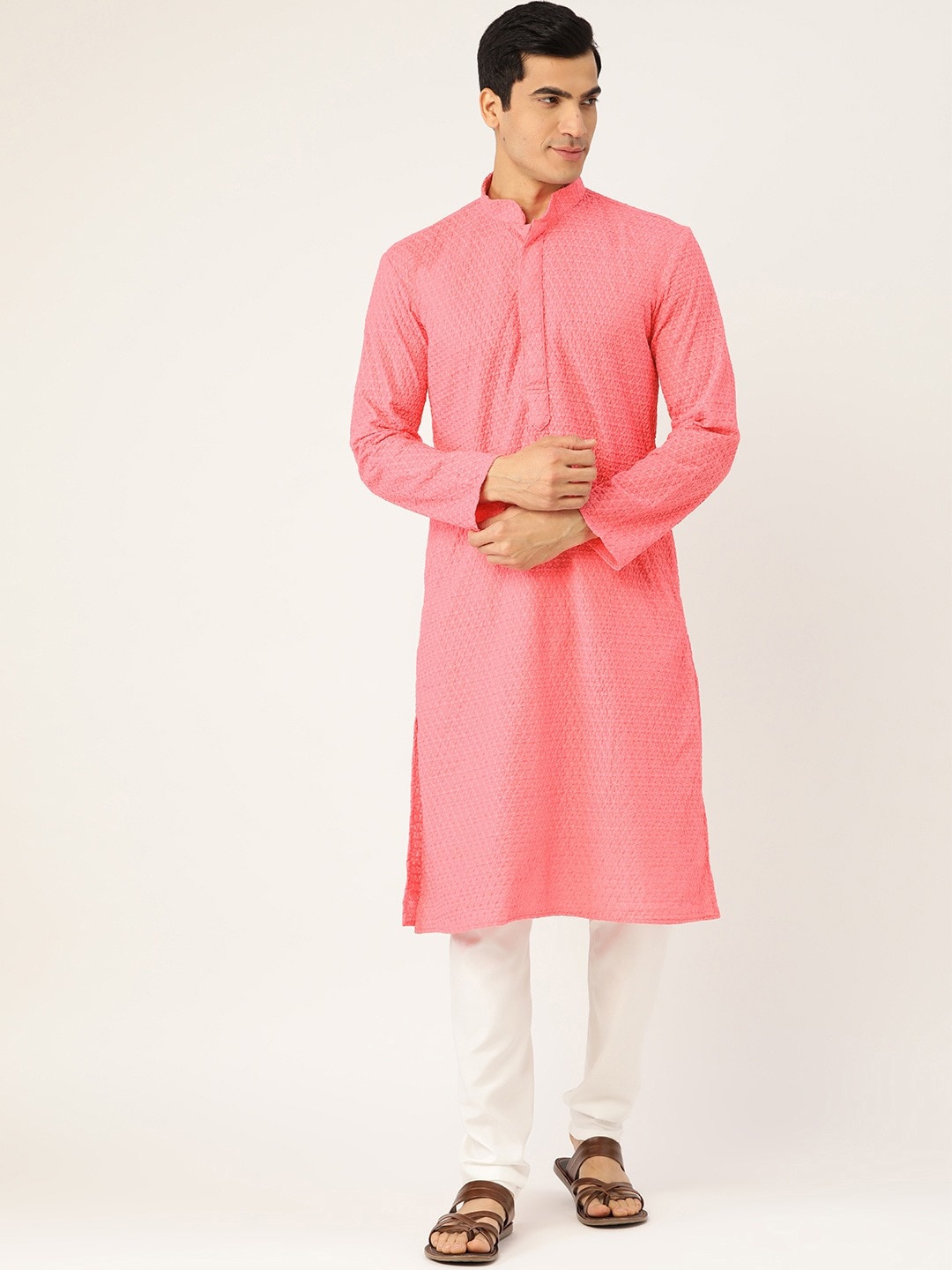 

RAJUBHAI HARGOVINDAS Men Pink Woven Design Straight Kurta