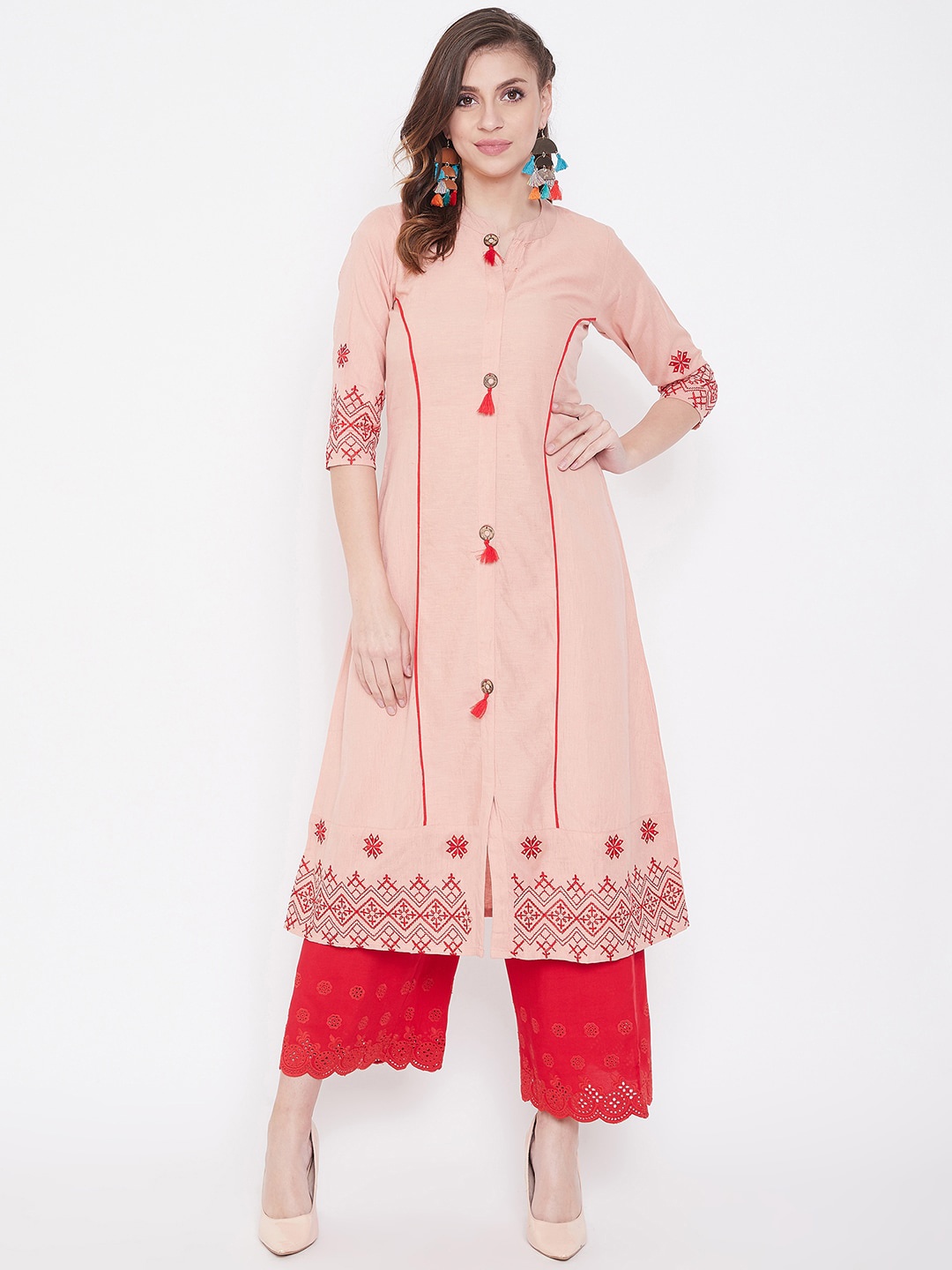 WineRed Women Women Peach-Coloured & Red Embroidered A-Line Kurta