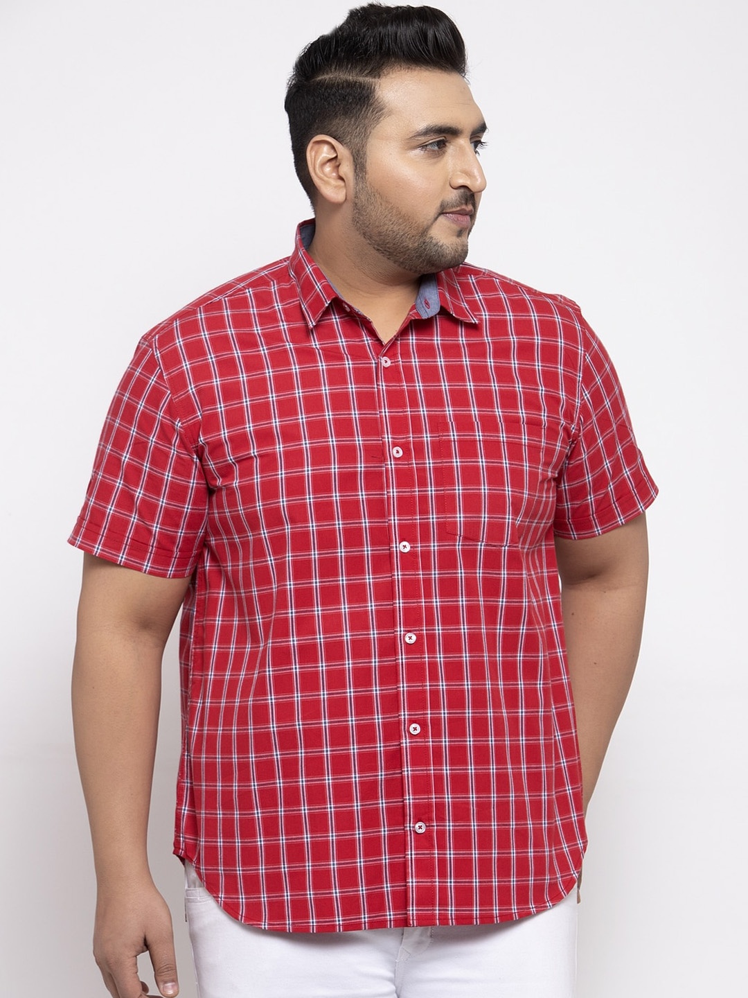 

plusS Men Red & White Regular Fit Checked Casual Shirt