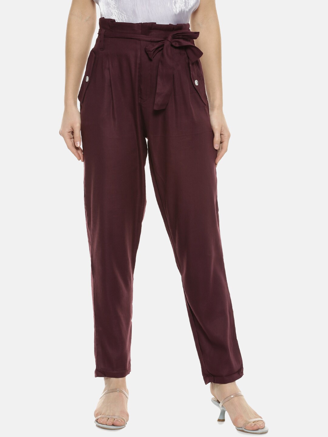 

Campus Sutra Women Burgundy Flared Solid Peg Trousers