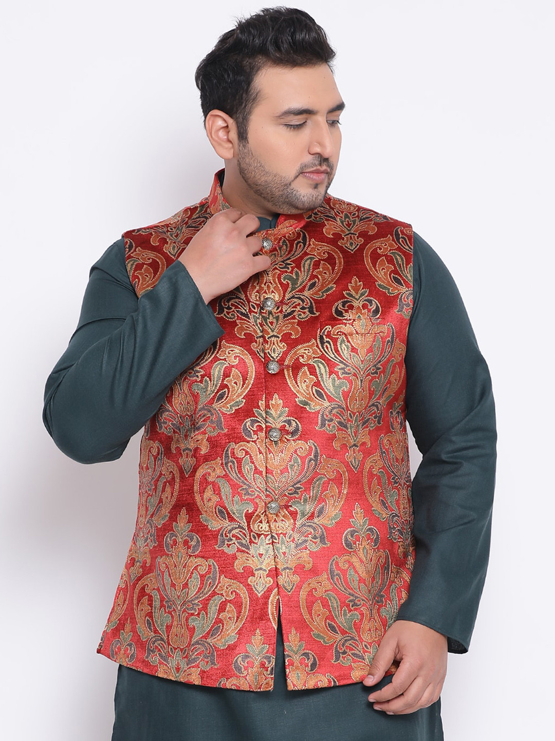 

KISAH PLUS Men Orange & Green Printed Woven Nehru Jacket