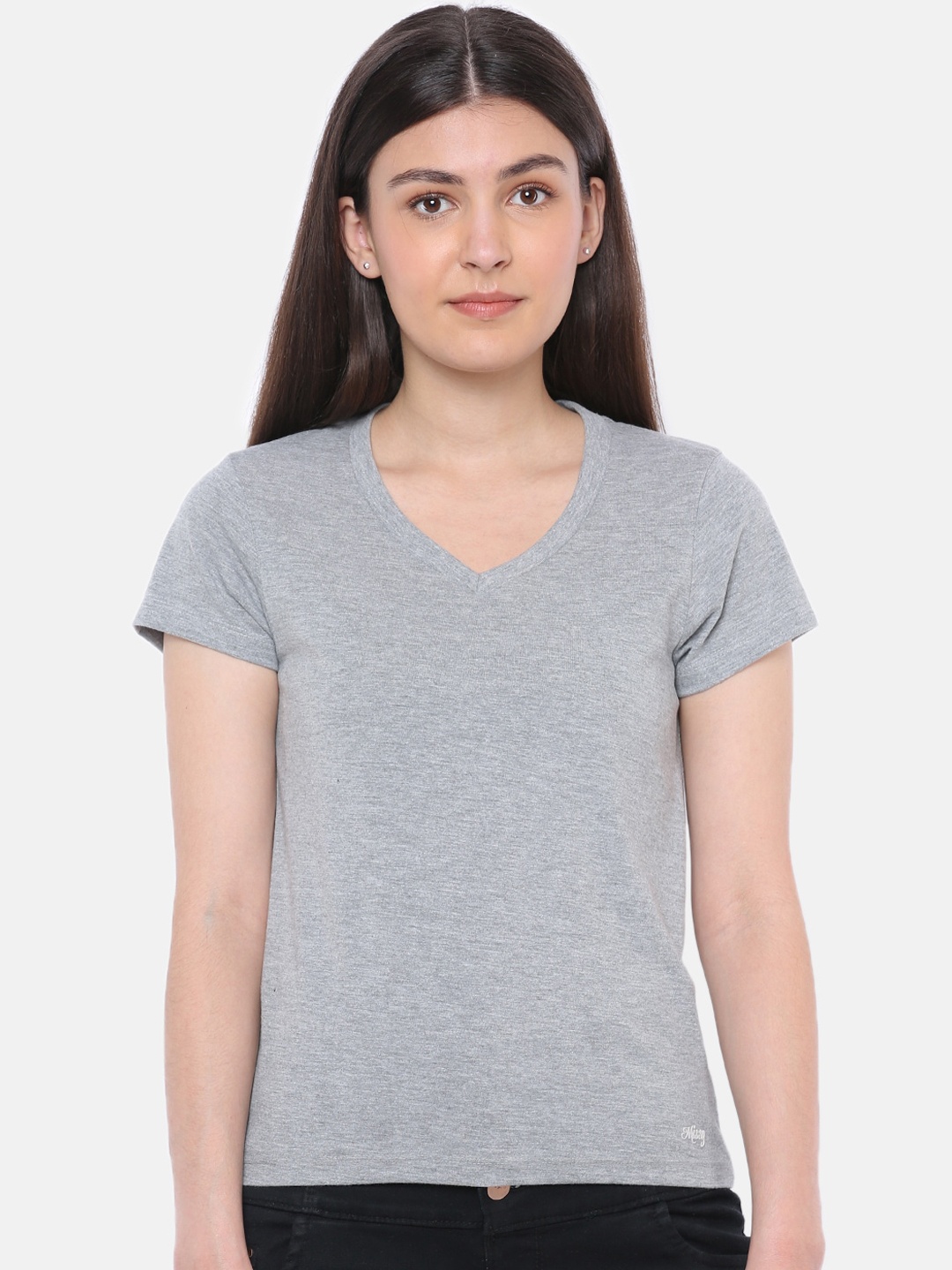 Dollar Missy Women Grey Melange Solid V-Neck T-shirt