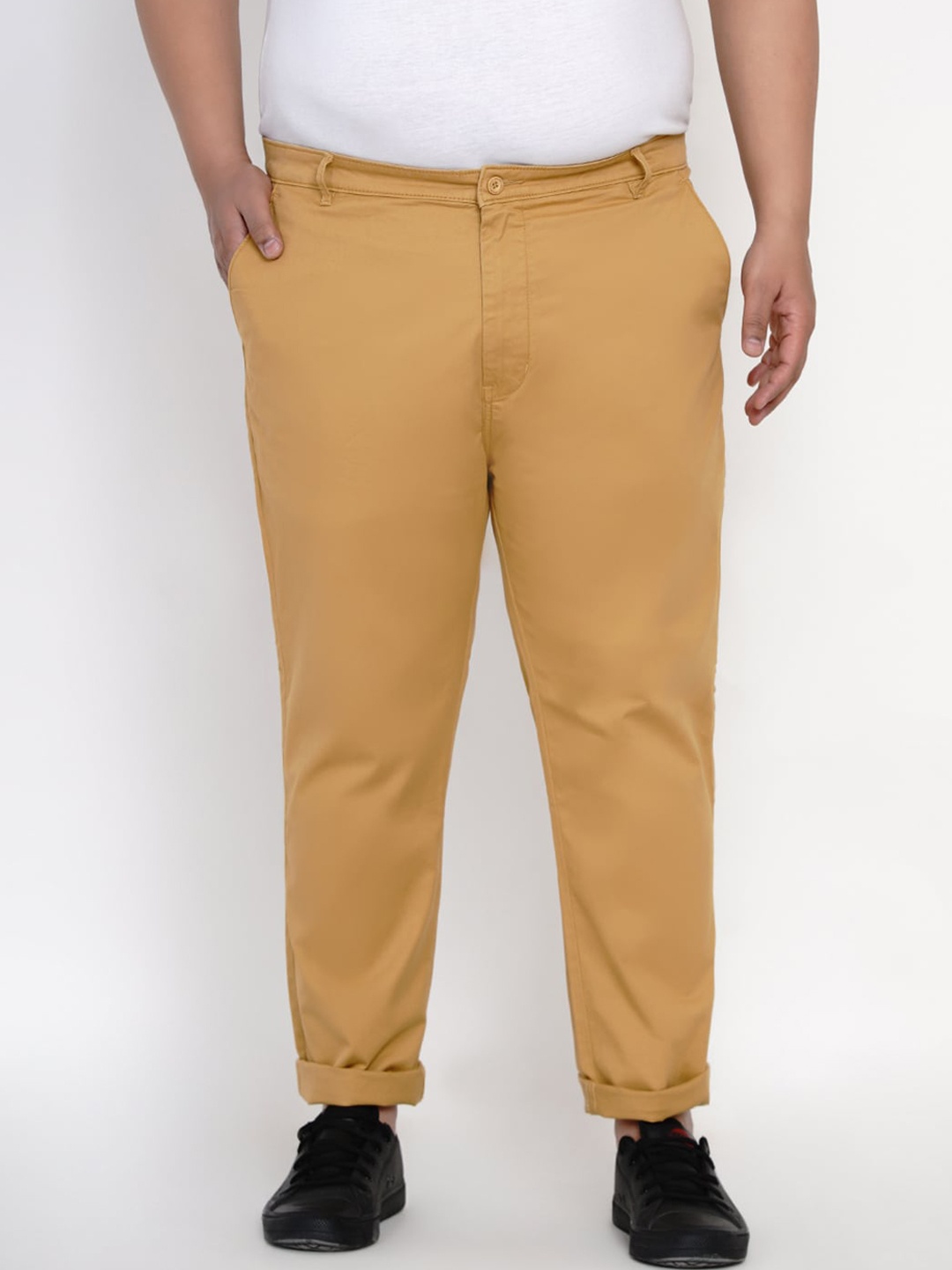 

John Pride Men Plus Size Mustard Yellow Solid Regular Trousers