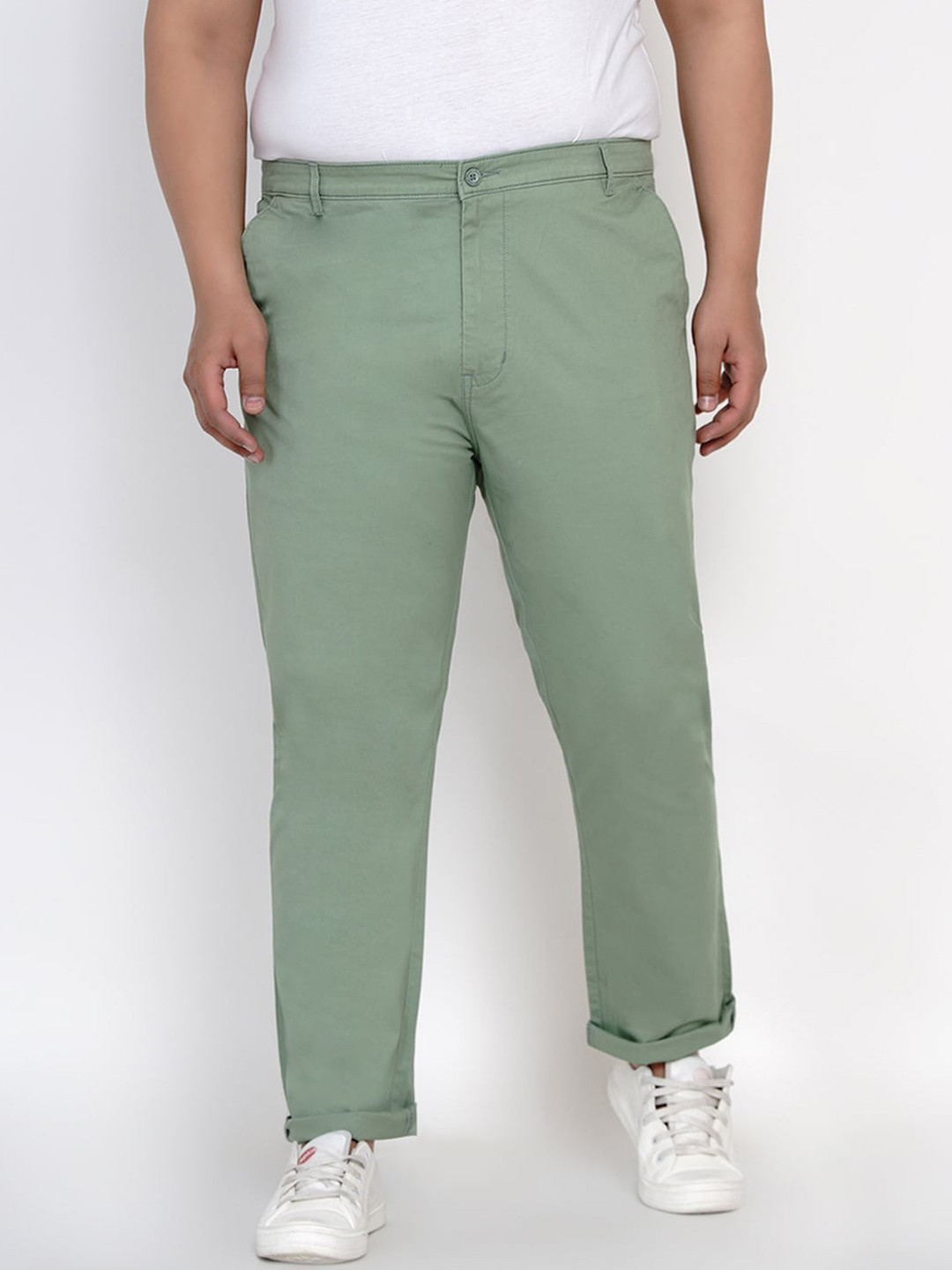

John Pride Men Plus Size Pastel Green Solid Regular Trousers
