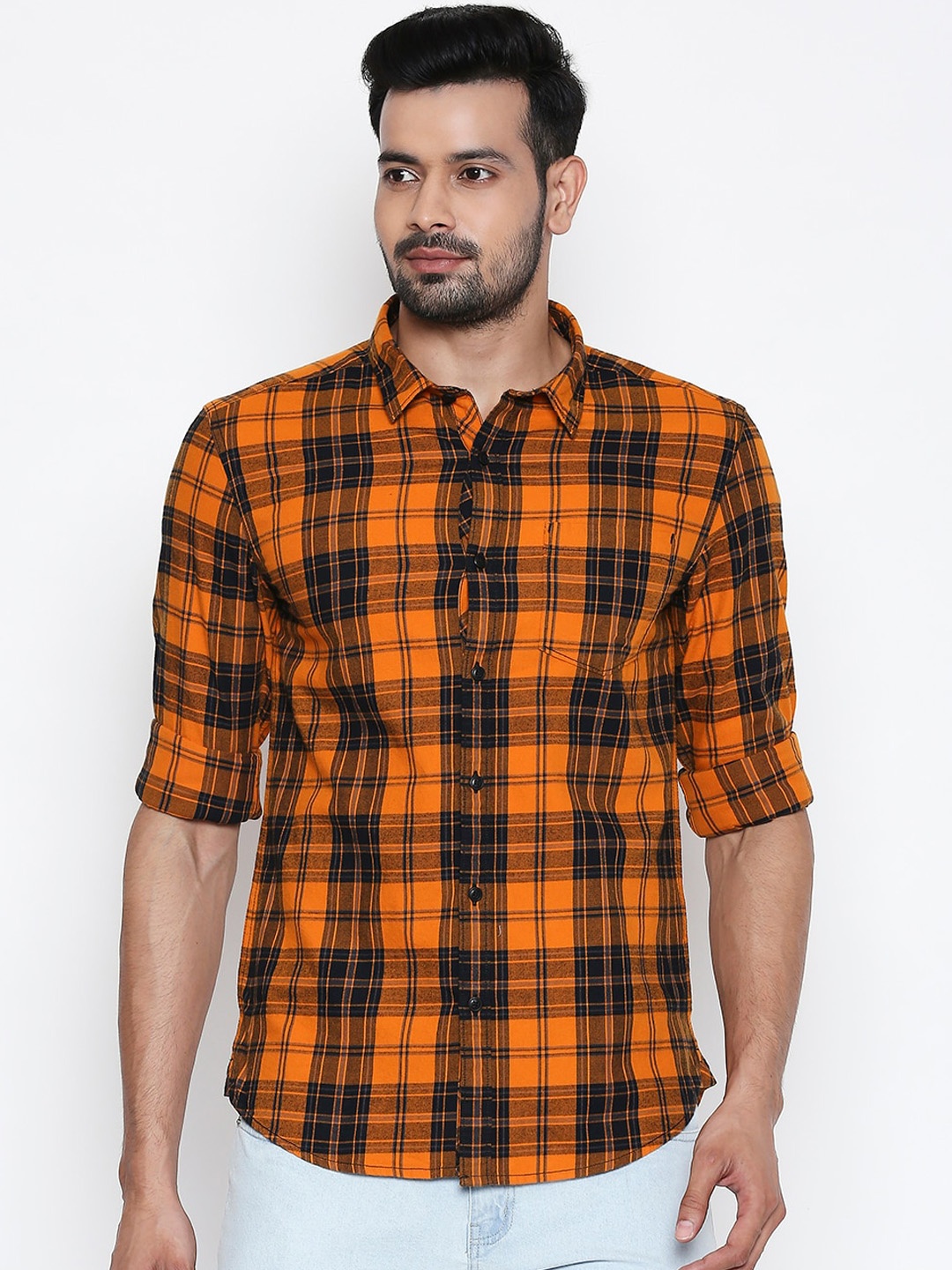

People Men Orange & Black Slim Fit Checked Cotton Casual Shirt