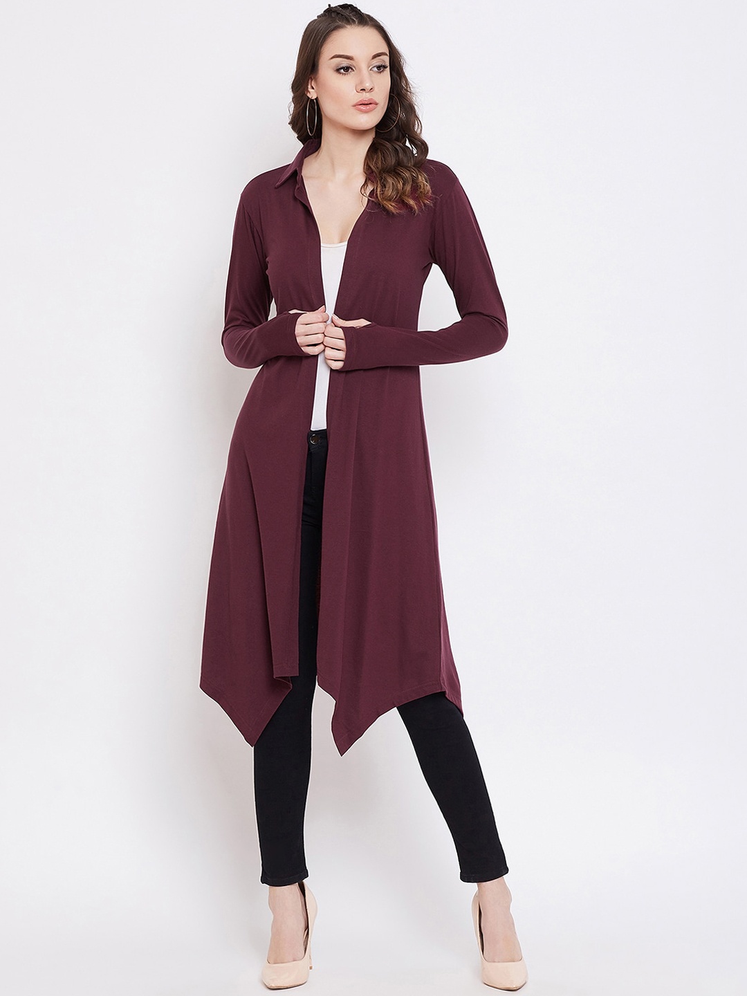 

Hypernation Women Burgundy Solid Shrug