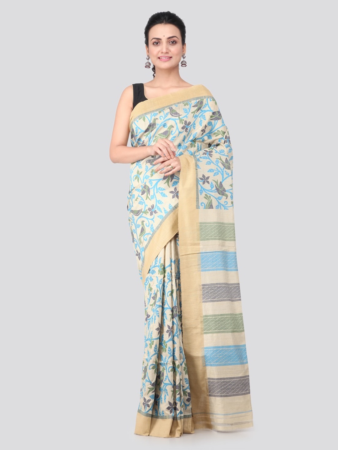 

PinkLoom Beige Cotton Blend Woven Design Jamdani Sustainable Saree