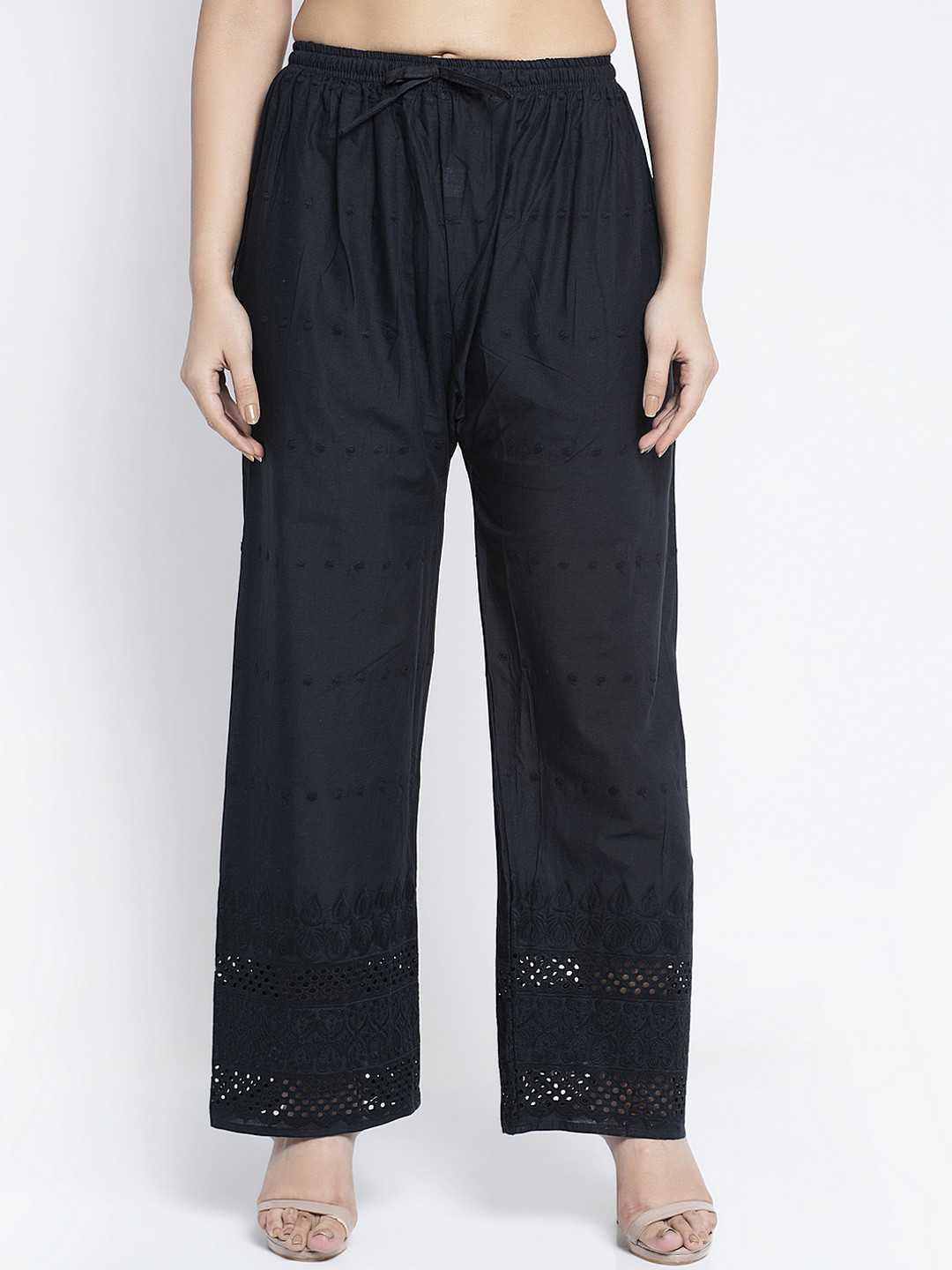 

GRACIT Women Black Hem Design Cotton Wide Leg Palazzos