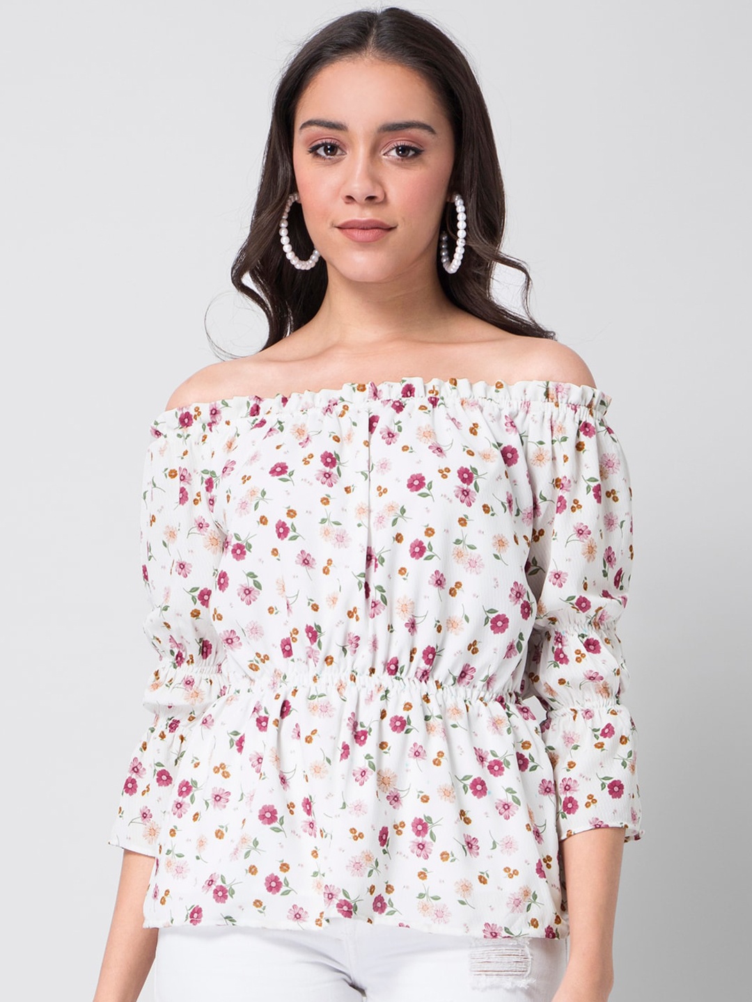 

FabAlley Women White Printed Bardot Top