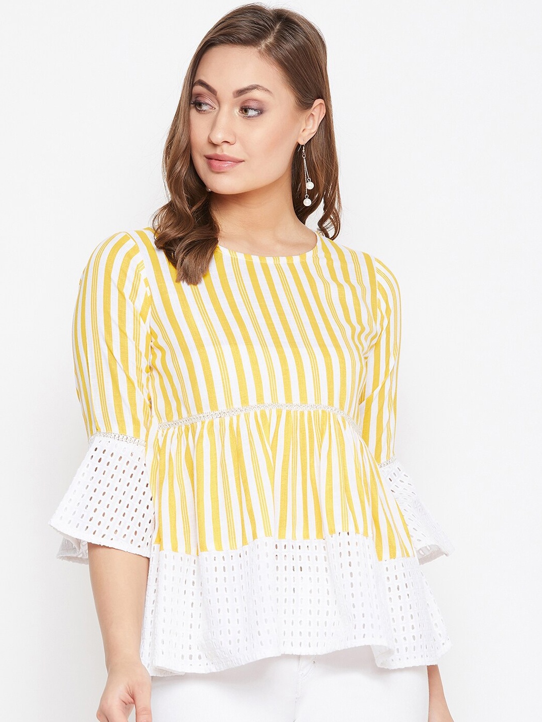 

WineRed Women Yellow Striped A-Line Top