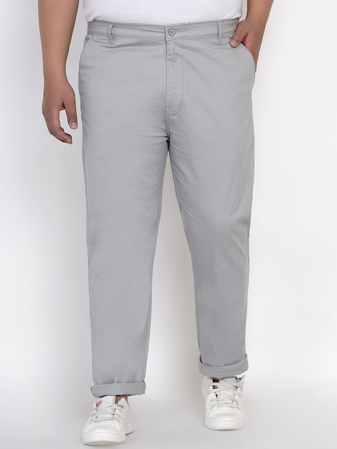 

John Pride Men Plus Size Grey Solid Regular Trousers