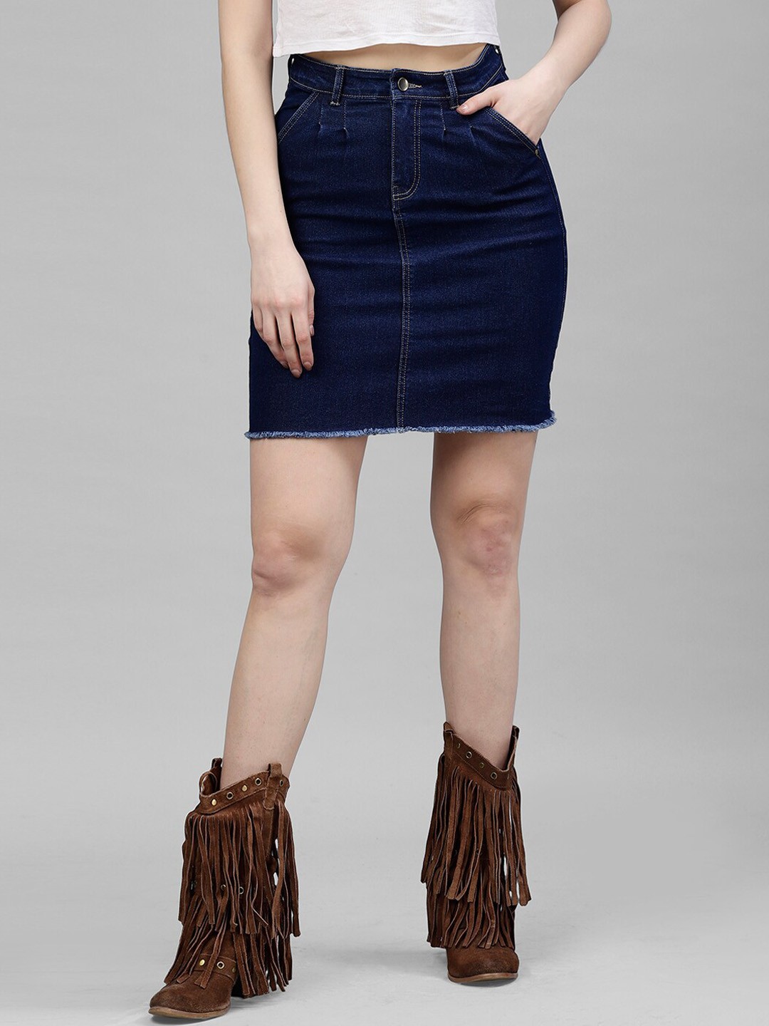 

KASSUALLY Navy Blue Fringed Mini Skirt