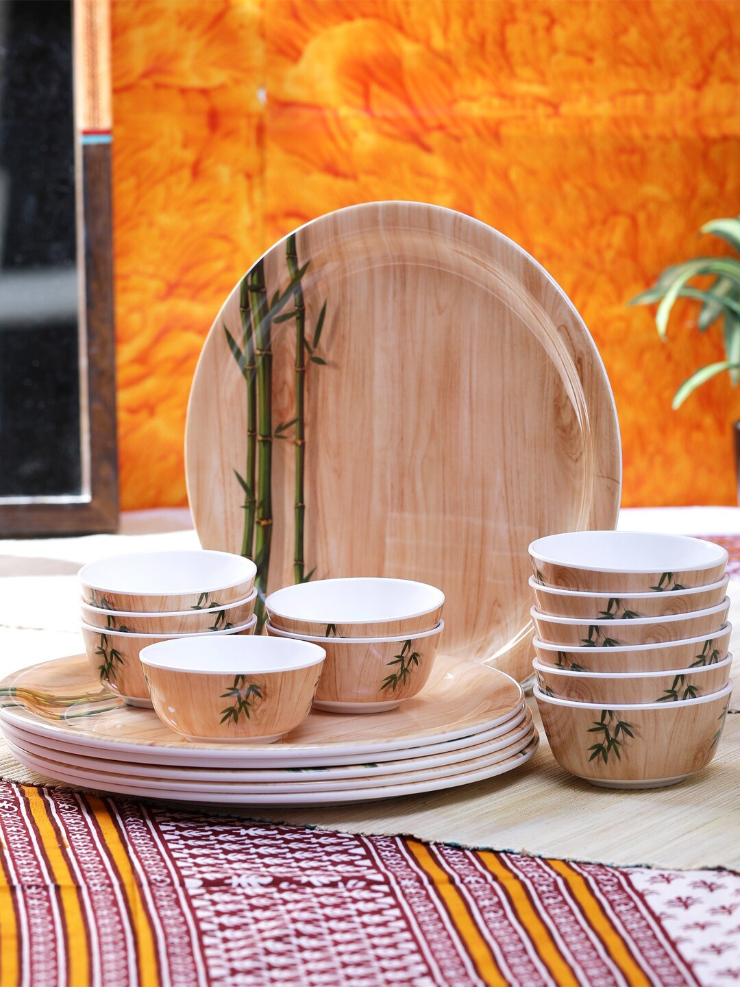 

Servewell Unisex Beige Printed Bamboo Delite Round 18 Pieces Melamine Combo Set