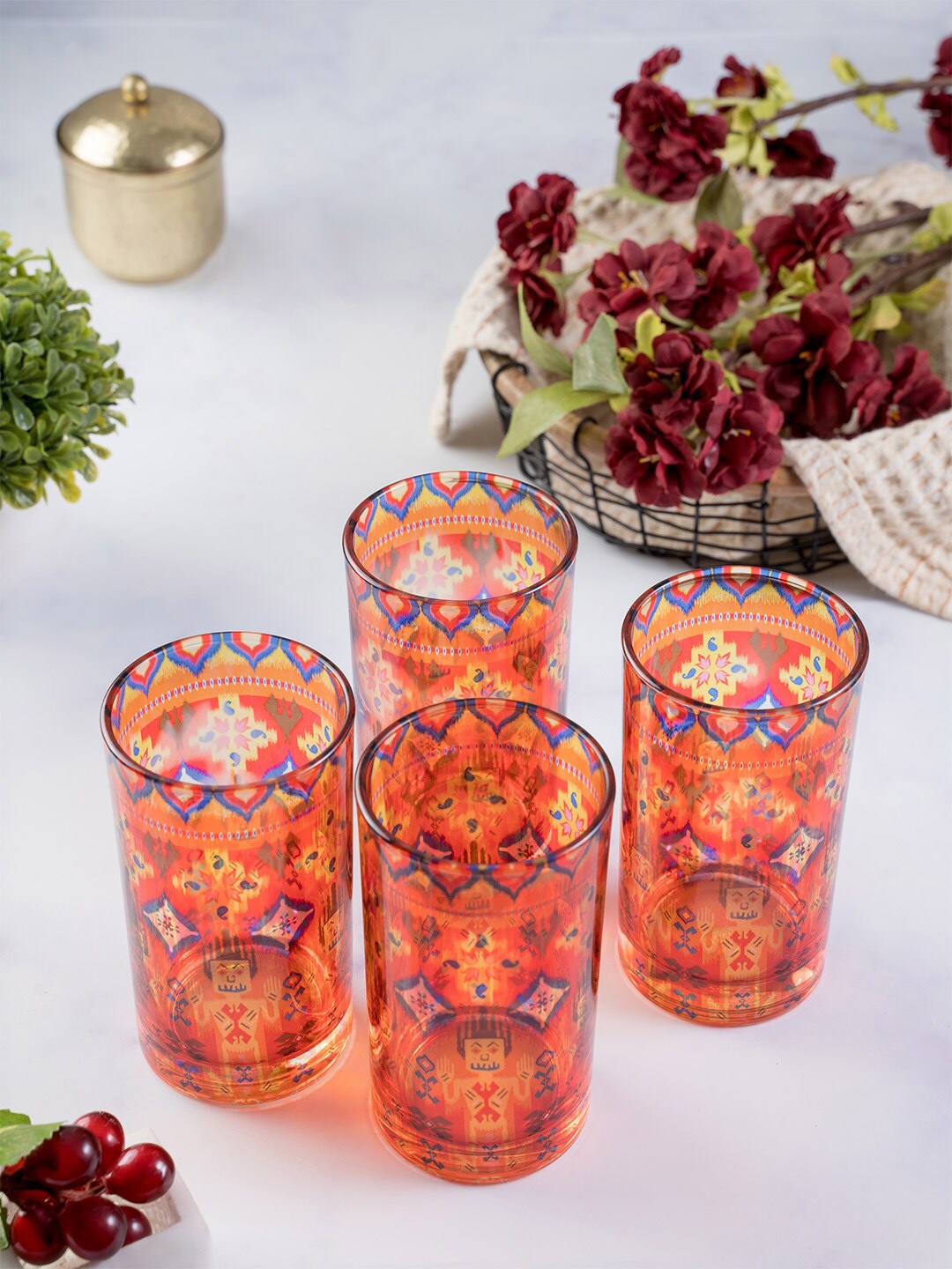 

KOLOROBIA Orange & Blue 4-Pieces Dazzling Ikat Glass Tumbler Set