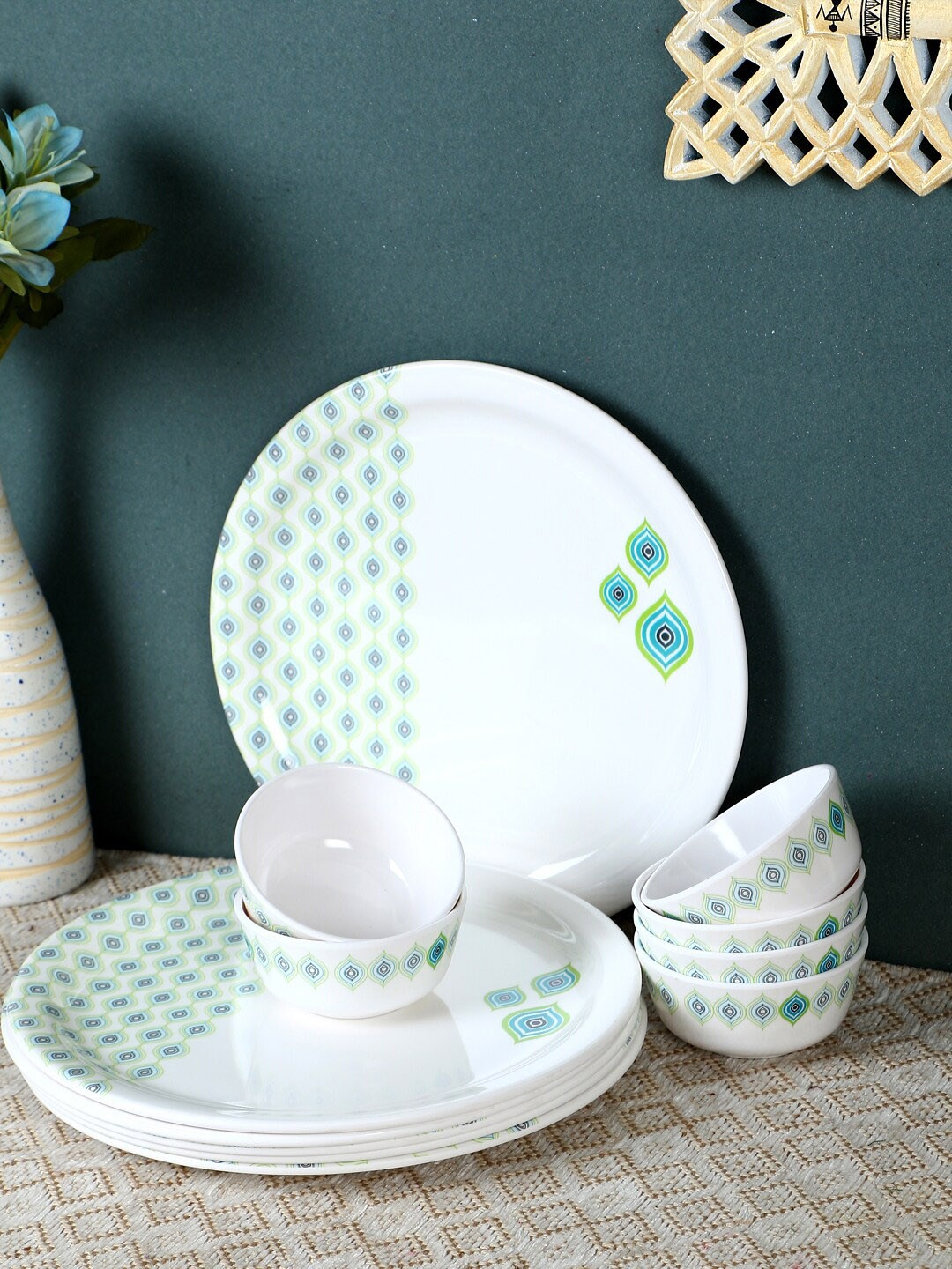 

Servewell White & Green 12 Pcs Melamine Dinner Set