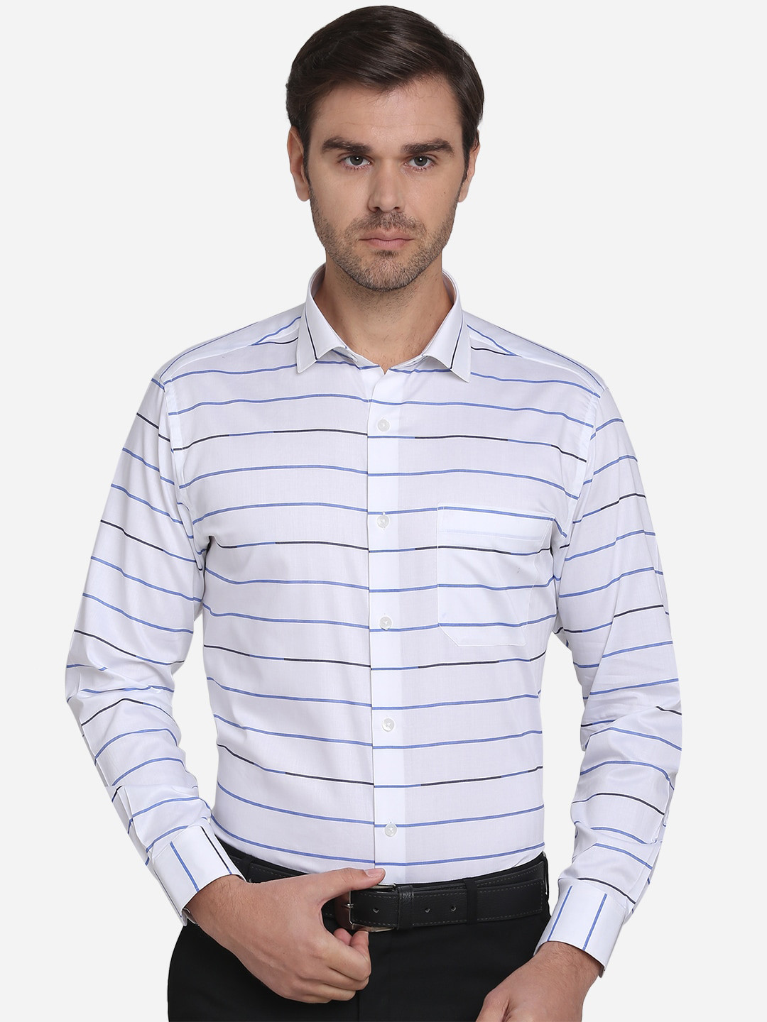 

METAL Men White & Blue Slim Fit Striped Formal Cotton Shirt