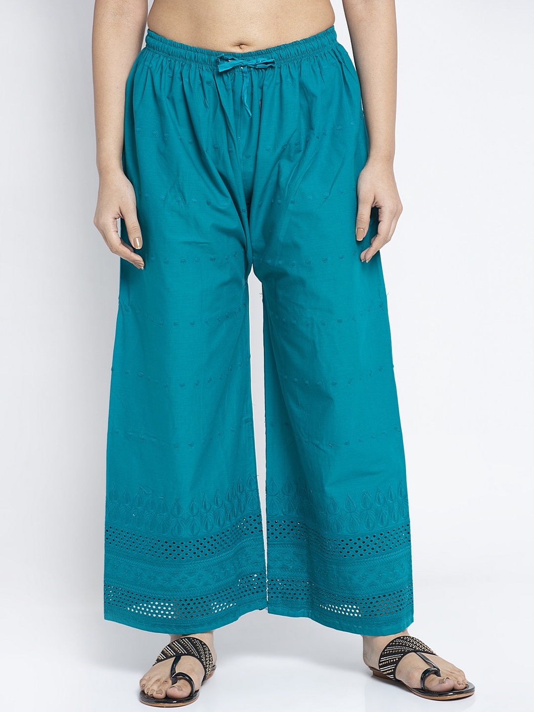 

GRACIT Women Turquoise Blue Embroidered Flared Palazzos