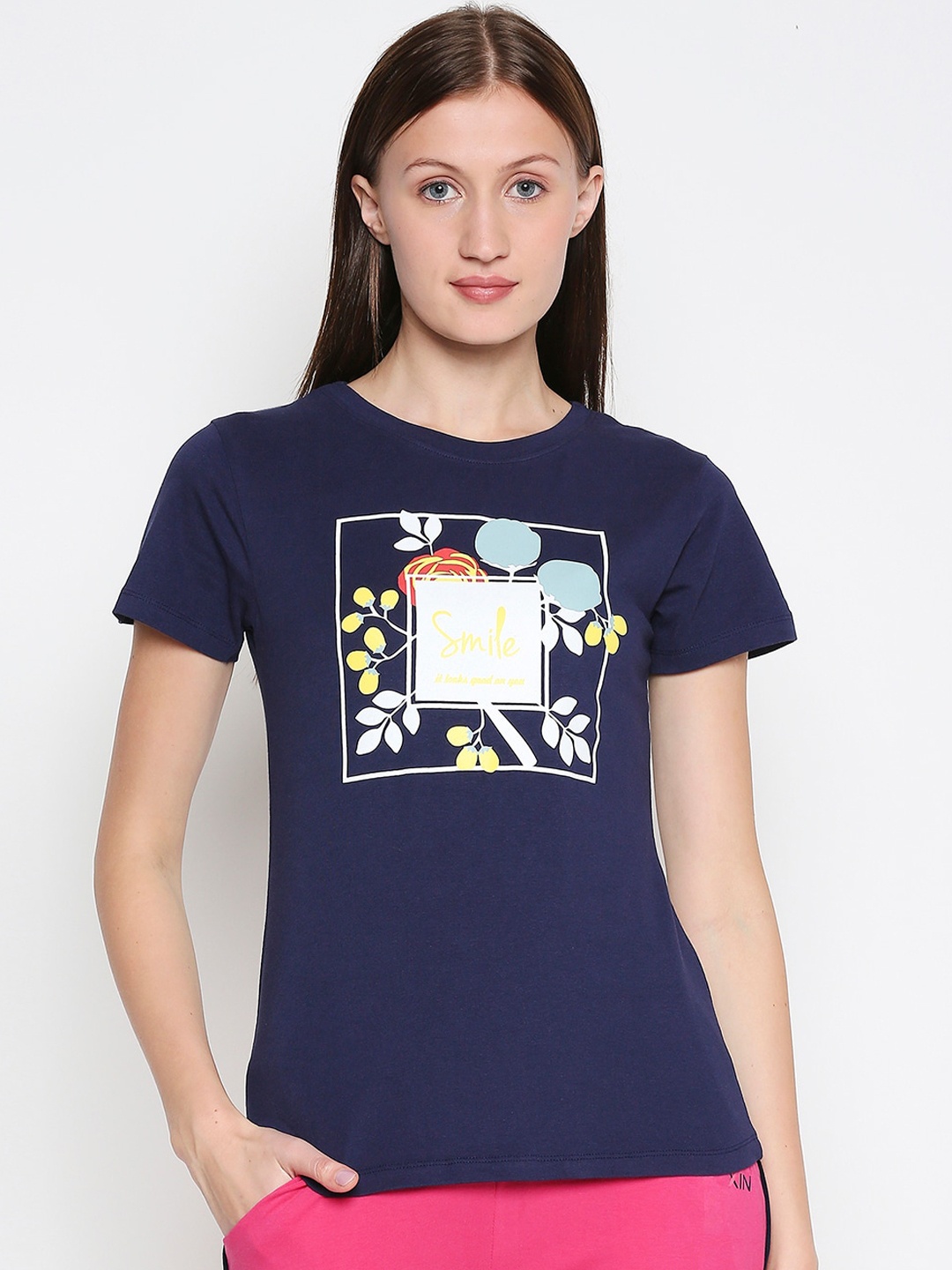 

XIN Women Navy Blue Printed Round Neck T-shirt