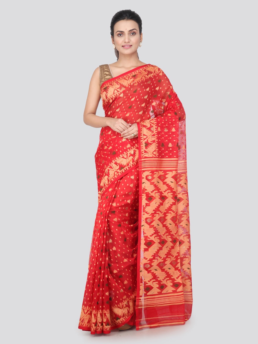 

PinkLoom Red Pure Cotton Woven Design Jamdani Sustainable Saree