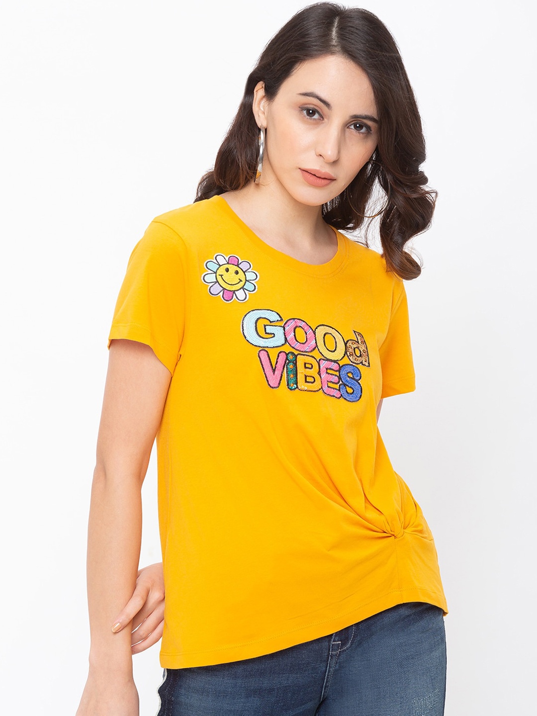 

Globus Women Yellow Printed Round Neck T-shirt