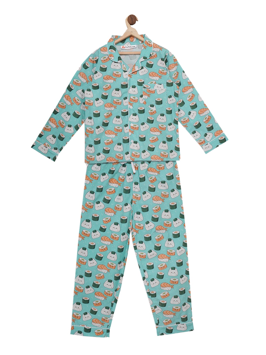 

Fluffalump Kids Turquoise Blue & Orange Wase Bae Printed Night Suit
