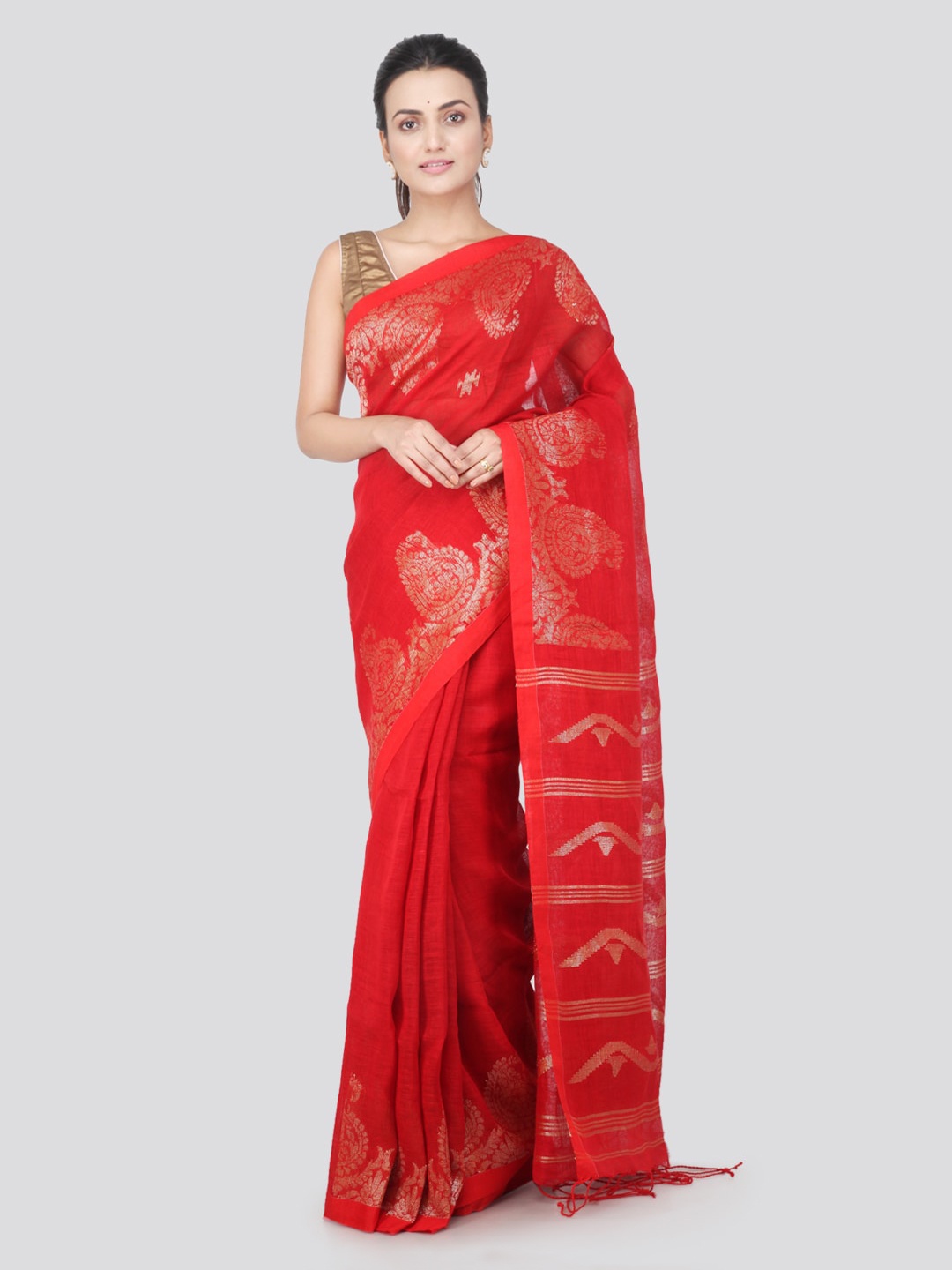 

PinkLoom Red Linen Blend Woven Design Handloom Jamdani Sustainable Saree