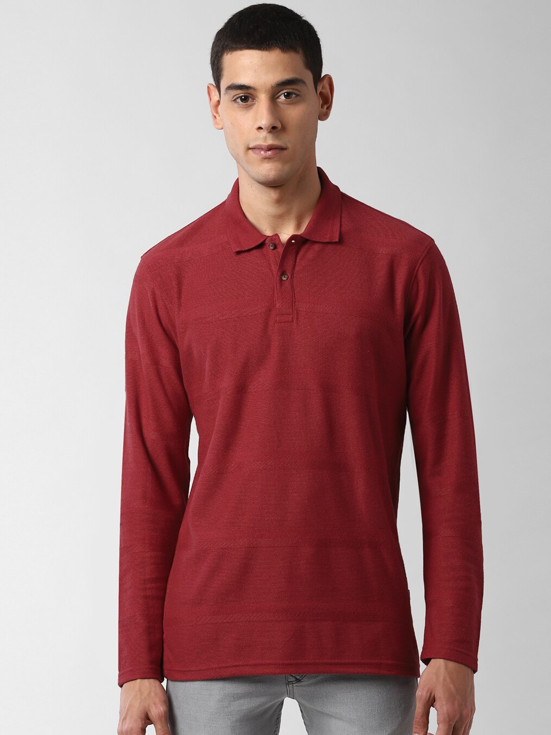 

Peter England Casuals Men Maroon Striped Polo Collar T-shirt