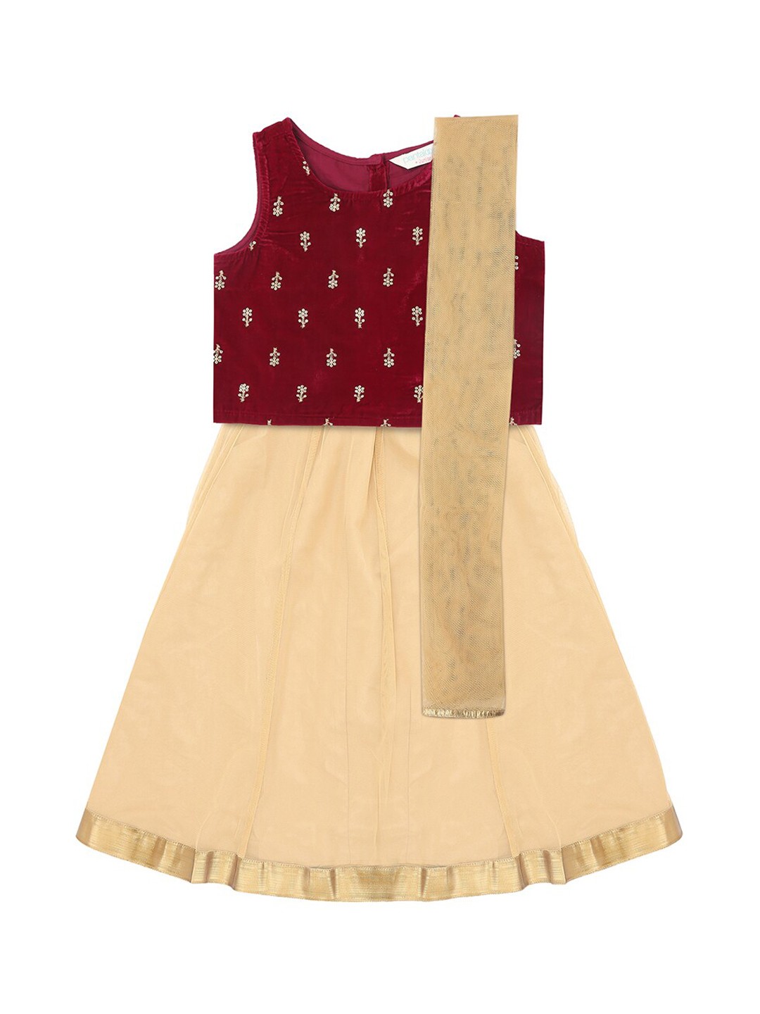 

AKKRITI BY PANTALOONS Girls Maroon & Beige Embroidered Ready to Wear Lehenga & Blouse with Dupatta