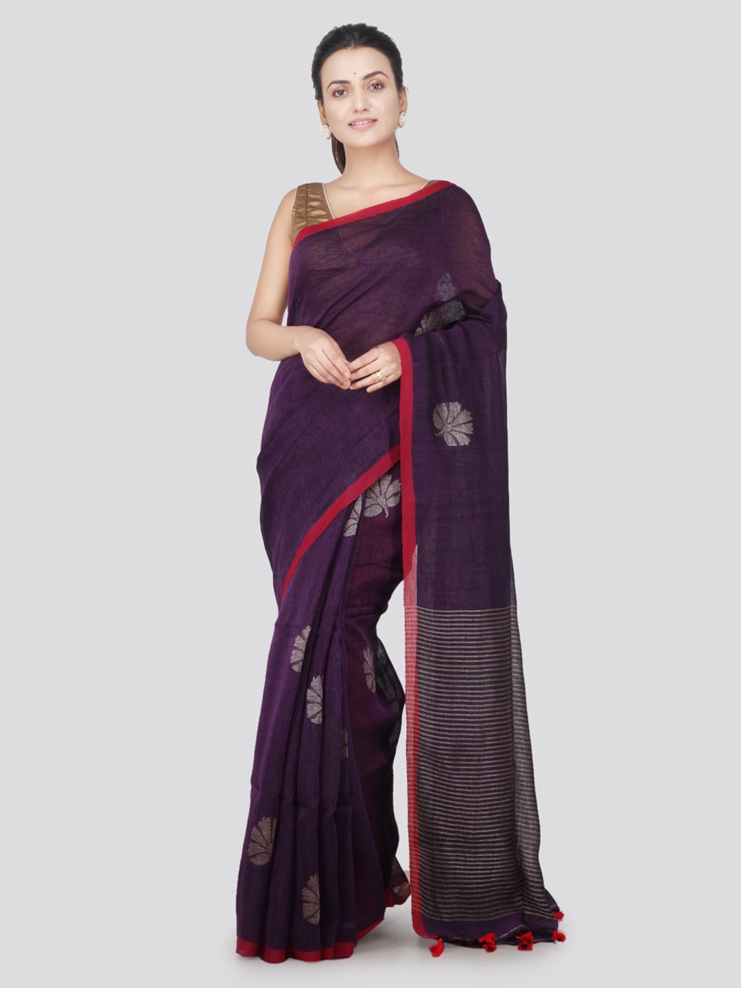 

PinkLoom Purple Linen Blend Woven Design Jamdani Sustainable Saree