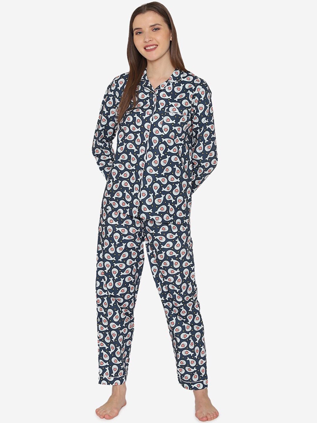 

Fluffalump Women Navy Blue & White Printed Night suit