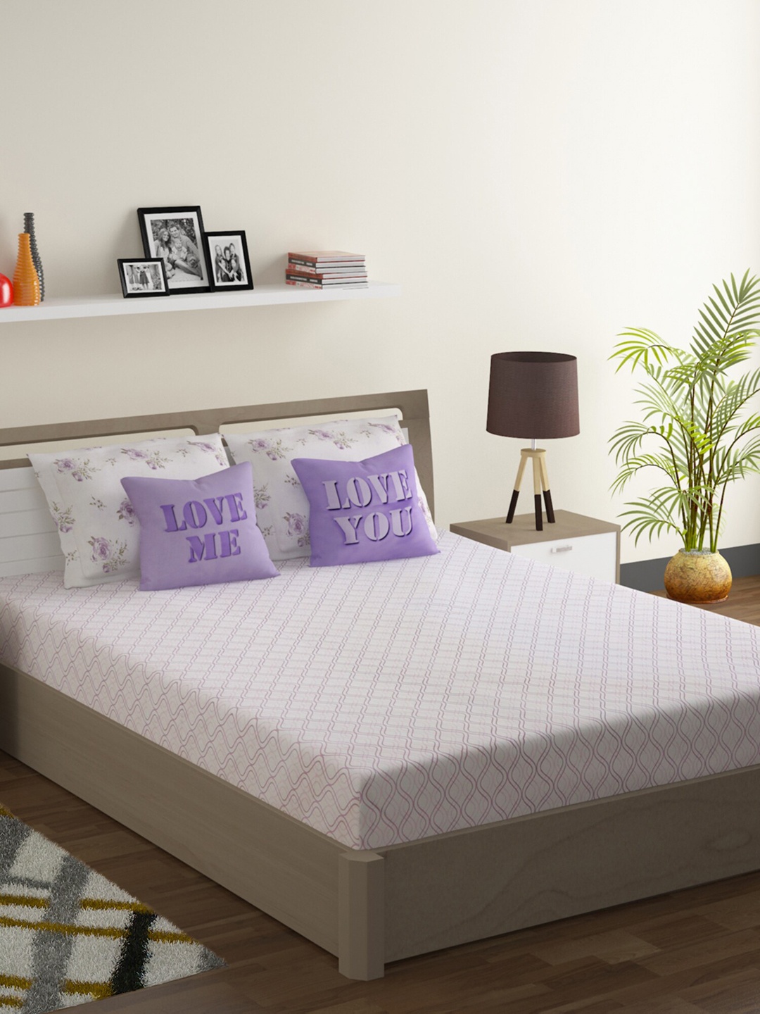 

SWAYAM White & Purple Floral 210 TC Cotton 1 King Bedsheet with 2 Pillow Covers