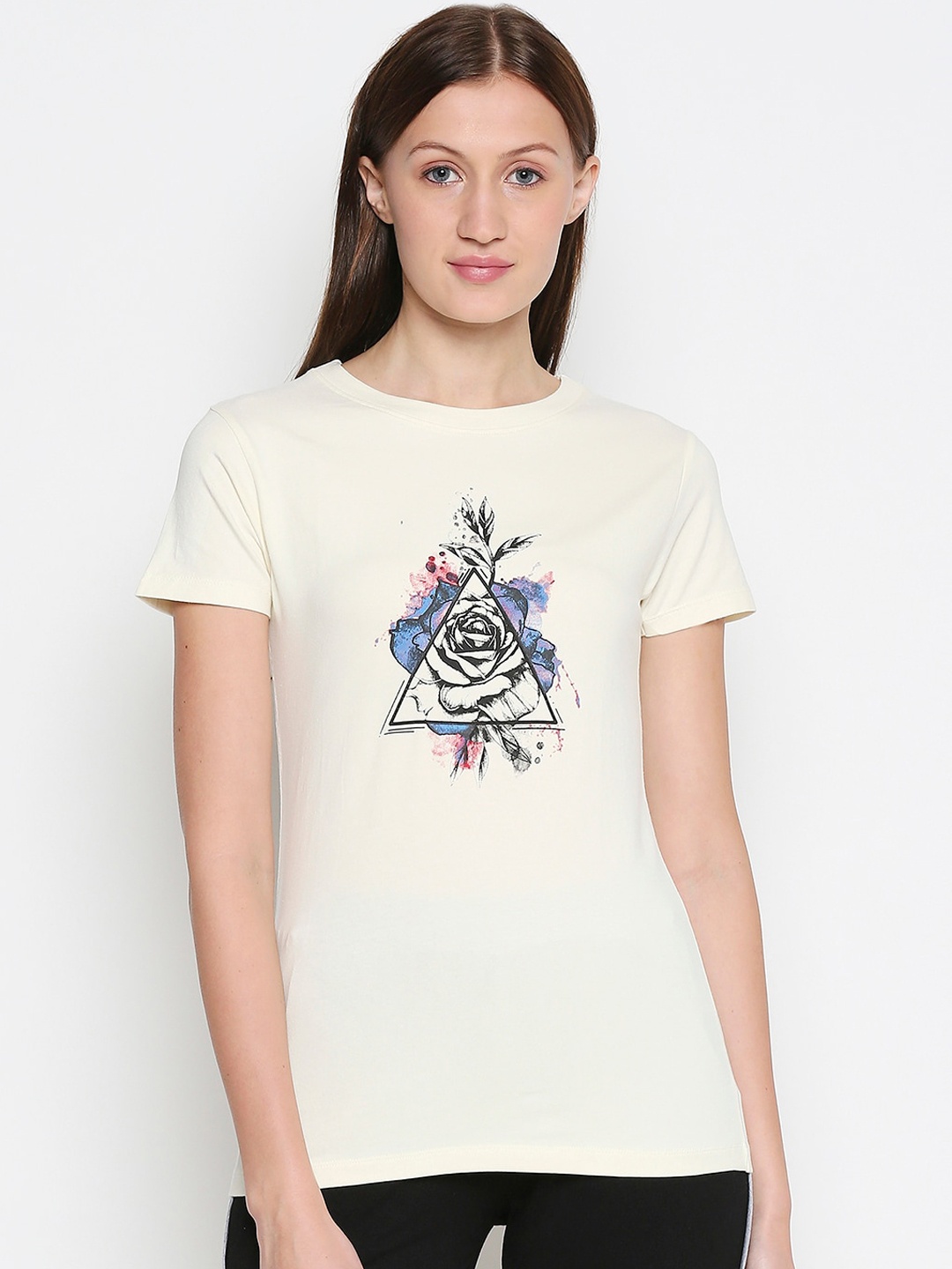 

XIN Women Cream-Coloured & Blue Printed Lounge T-shirt
