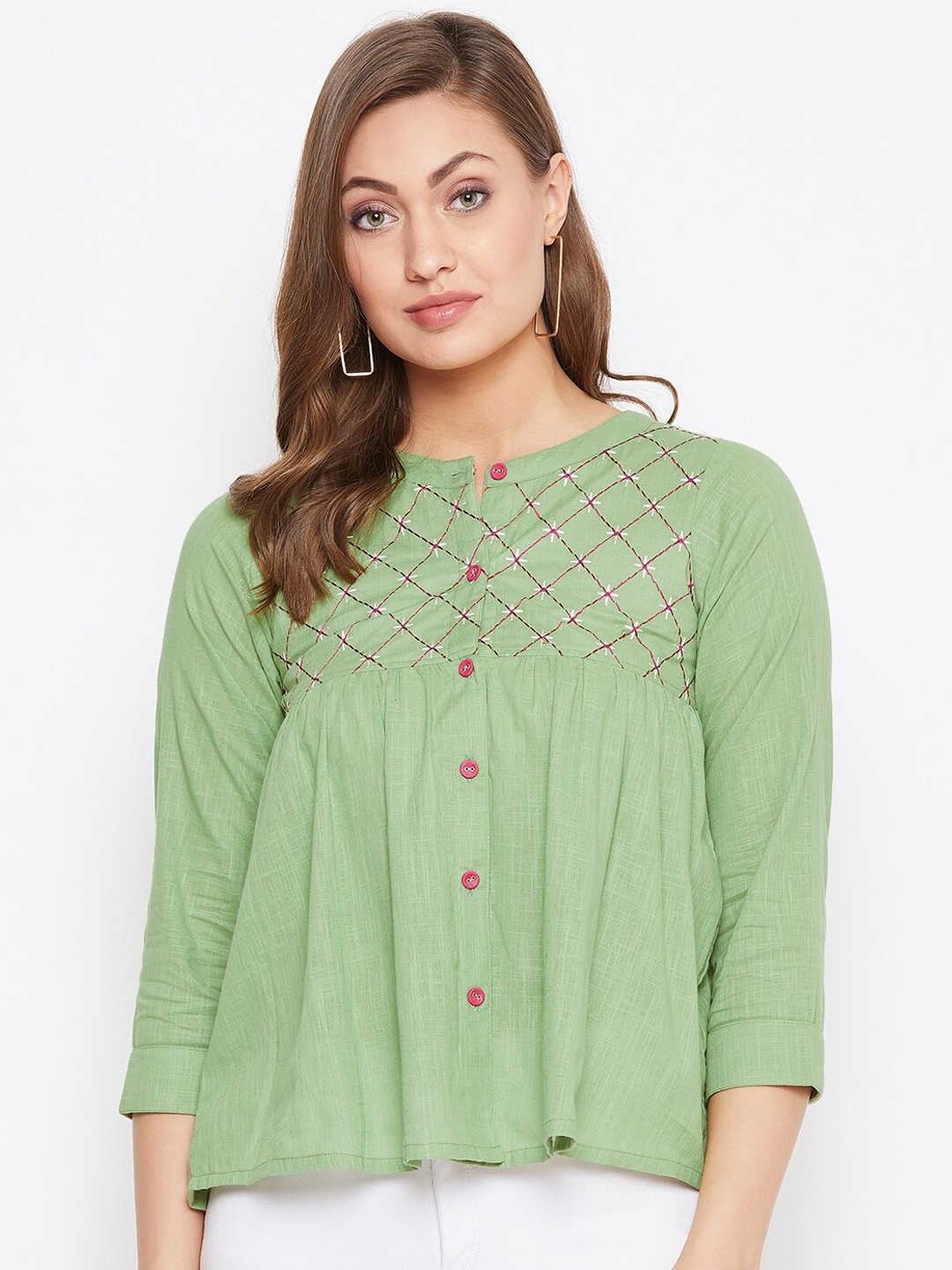 

WineRed Women Green Embroidered Top