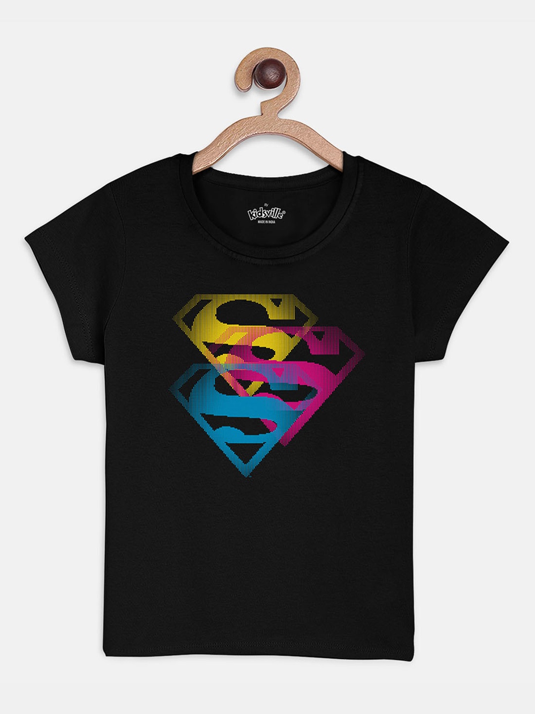 

Kids Ville Superman Featured Black DC comics Printed Pure Cotton T-shirt For Girls