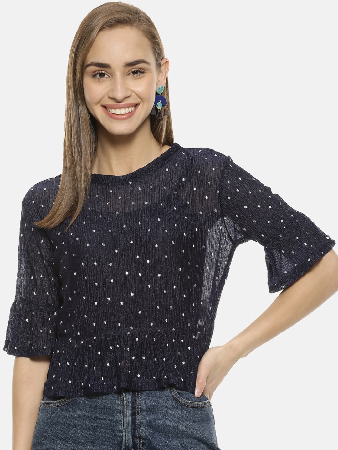 

Campus Sutra Women Navy Blue Self Design Peplum Top