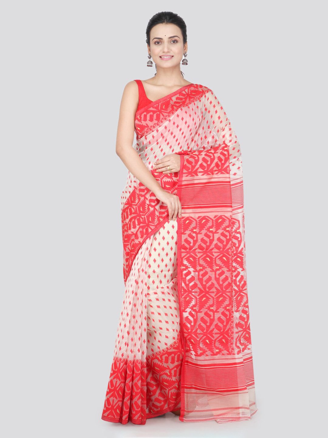 

PinkLoom White Woven Design Jamdani Sustainable Saree