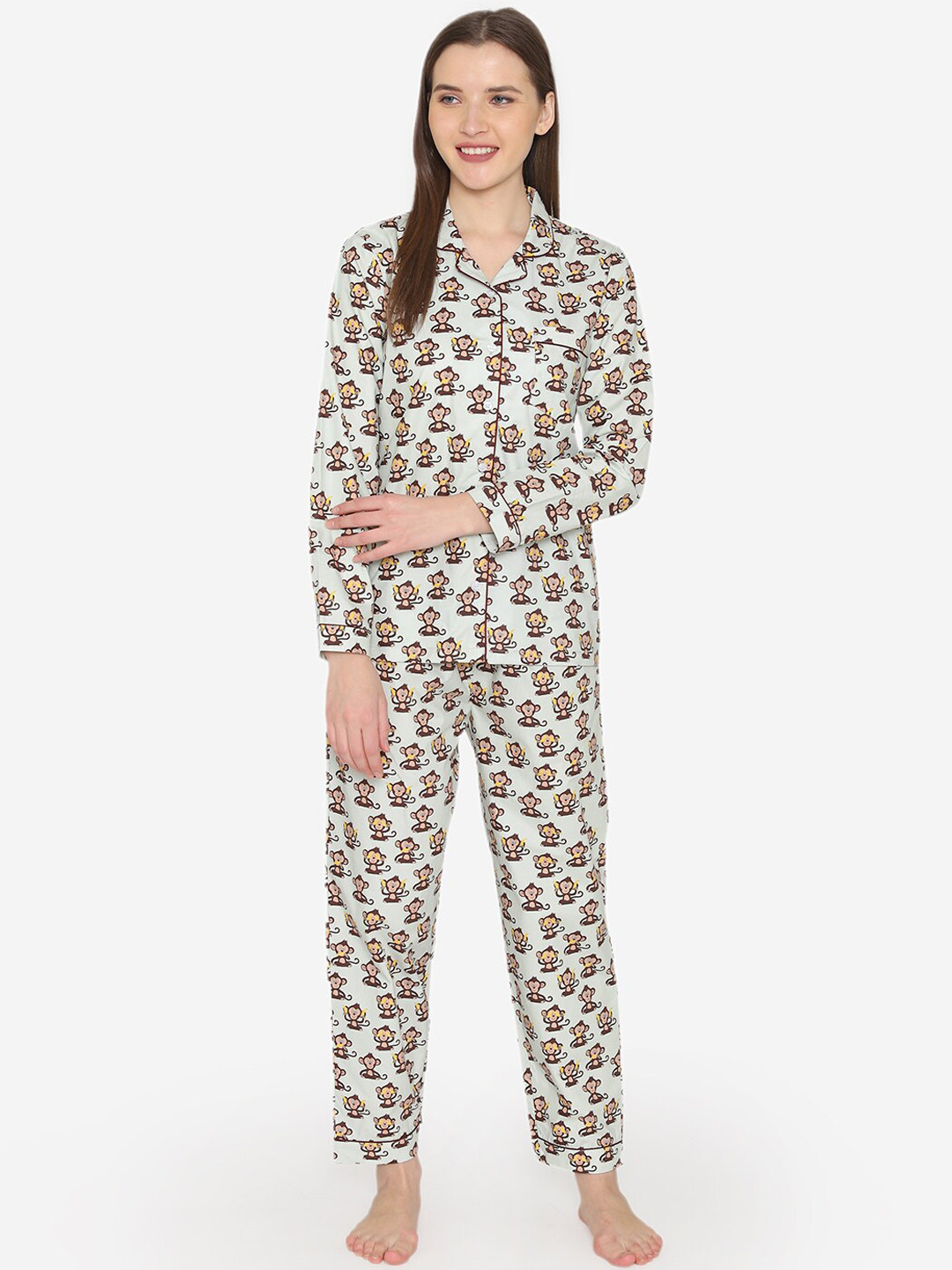 

Fluffalump Women Green & Brown Animal Printed Cotton Night Suit