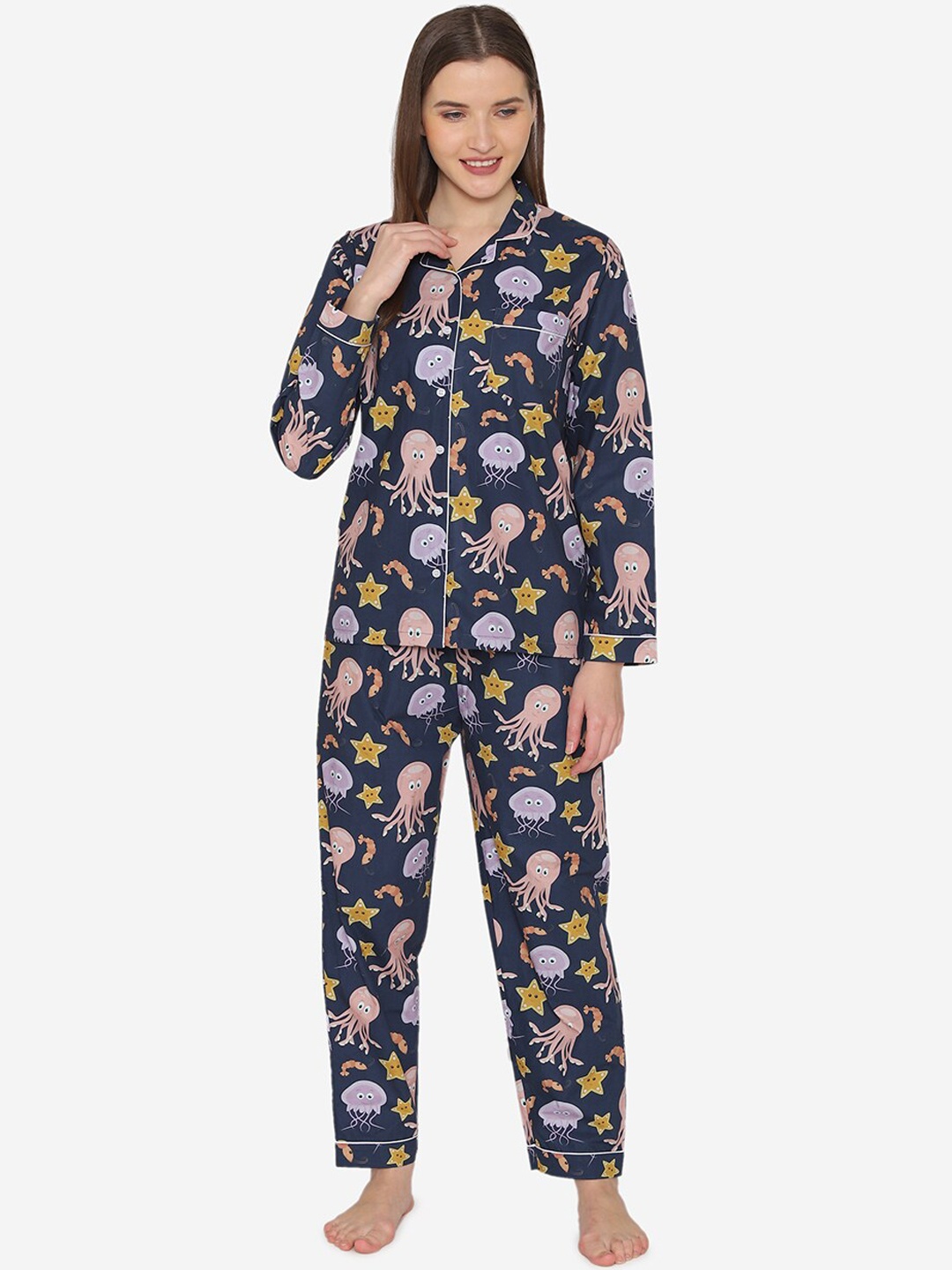 Fluffalump Women Navy Blue & Pink Printed Night Suit