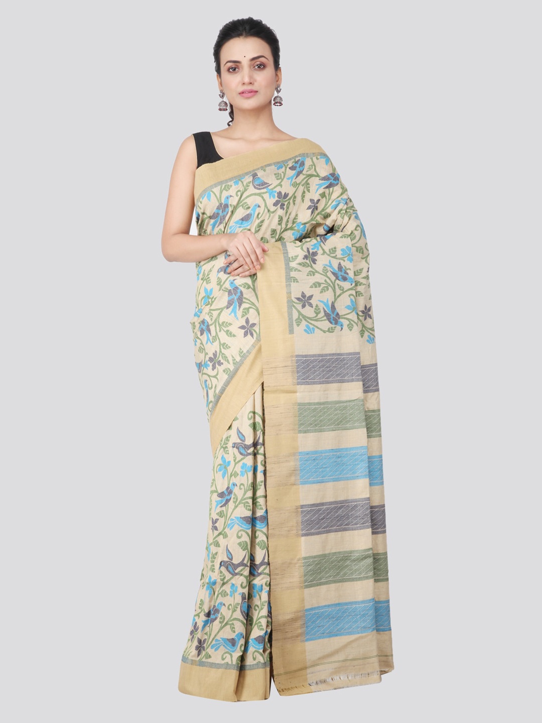 

PinkLoom Beige Cotton Blend Printed Jamdani Sustainable Saree