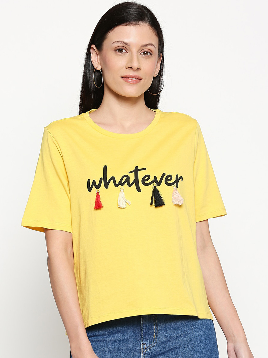 

People Women Yellow Printed Round Neck T-shirt