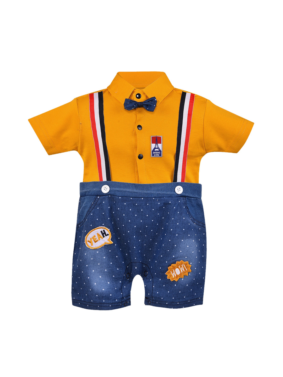 

Wish Karo Infant Boys Mustard Yellow & Blue Printed Romper