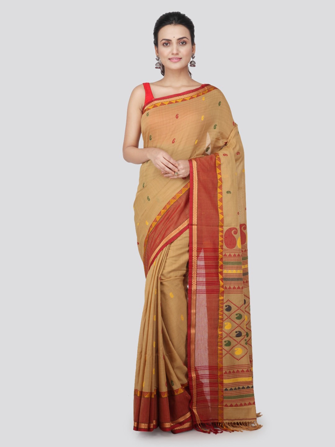 

PinkLoom Beige & Red Pure Cotton Woven Design Handloom Sustainable Saree