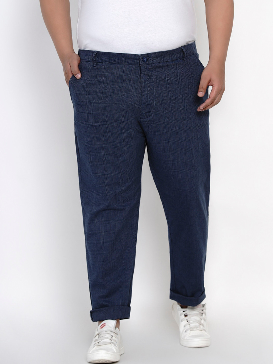 

John Pride Men Plus Size Navy Blue Checked Regular Trousers