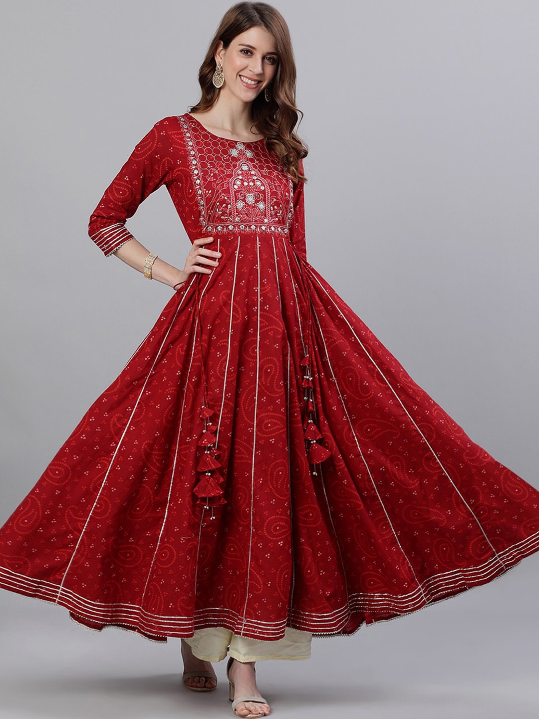 

Ishin Women Maroon Bandhani Print Zari Detail Anarkali Kurta