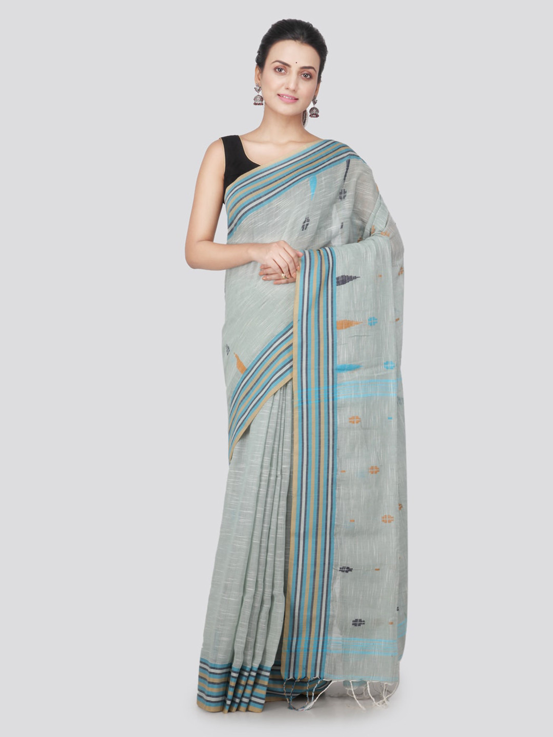 

PinkLoom Grey & Blue Pure Cotton Woven Design Handloom Saree