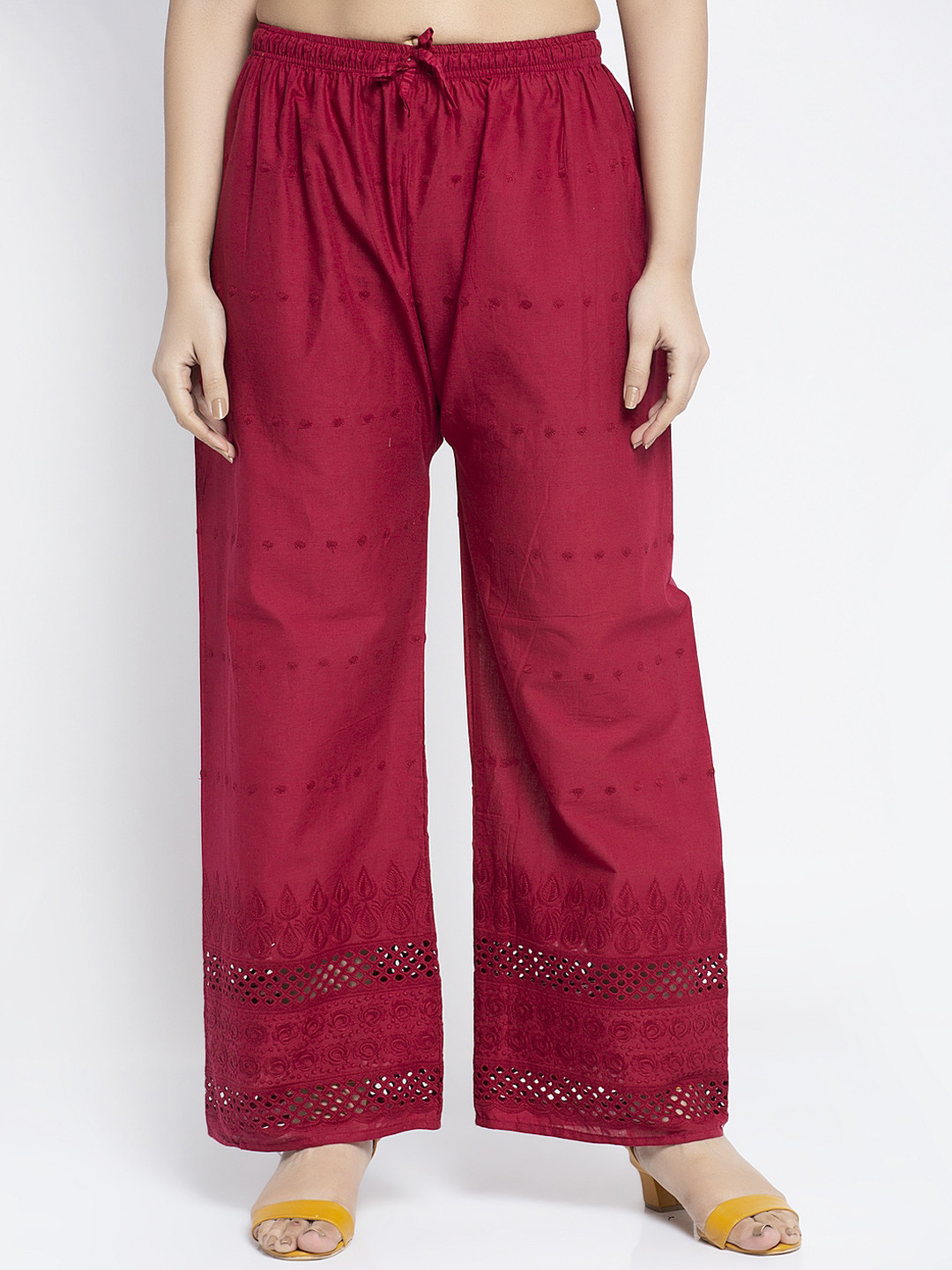 

GRACIT Women Maroon Hem Design Cotton Flared Palazzos
