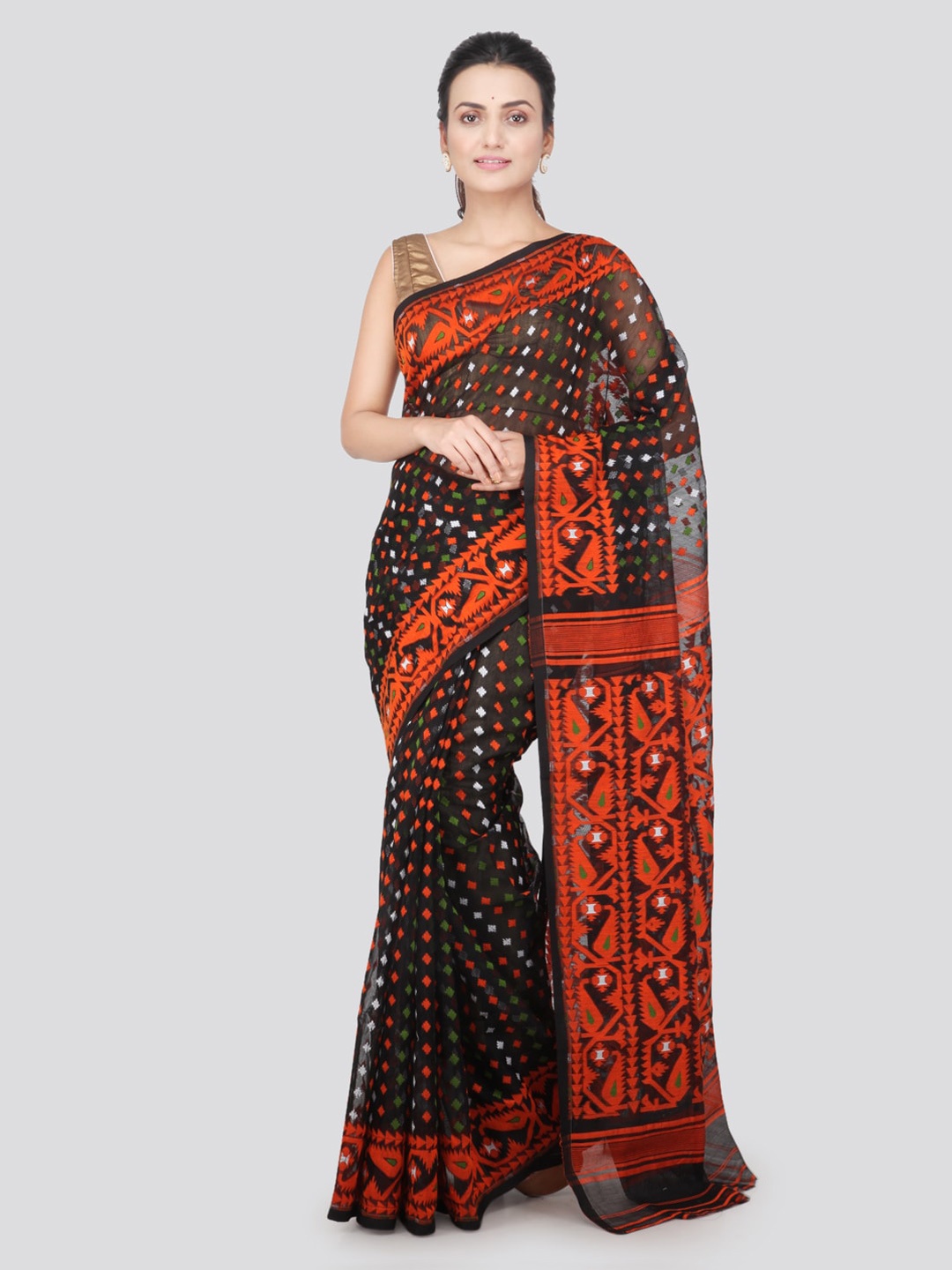 

PinkLoom Black & Orange Pure Cotton Woven Design Handloom Sustainable Saree
