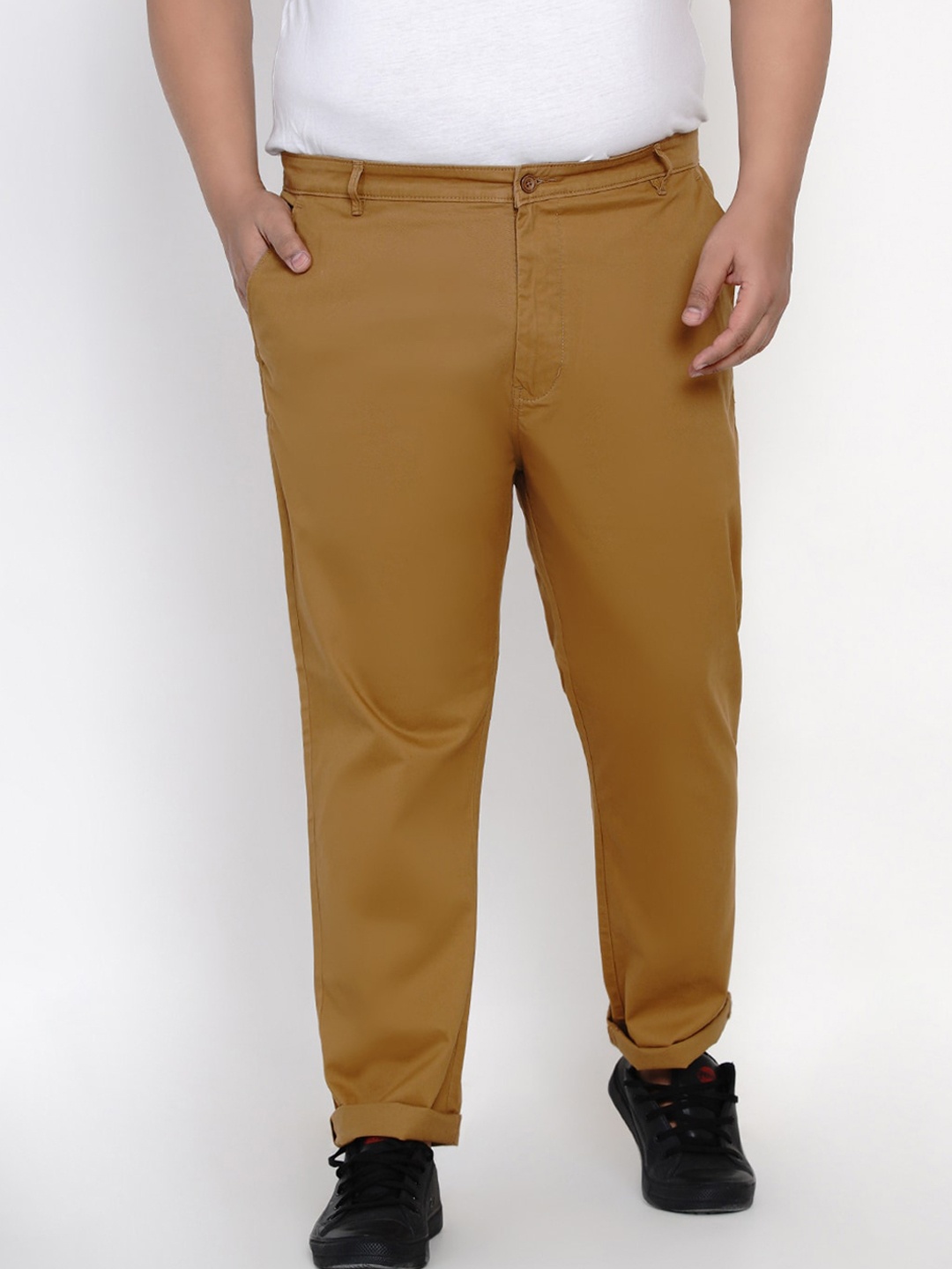 

John Pride Men Plus Size Khaki Brown Solid Regular Trousers